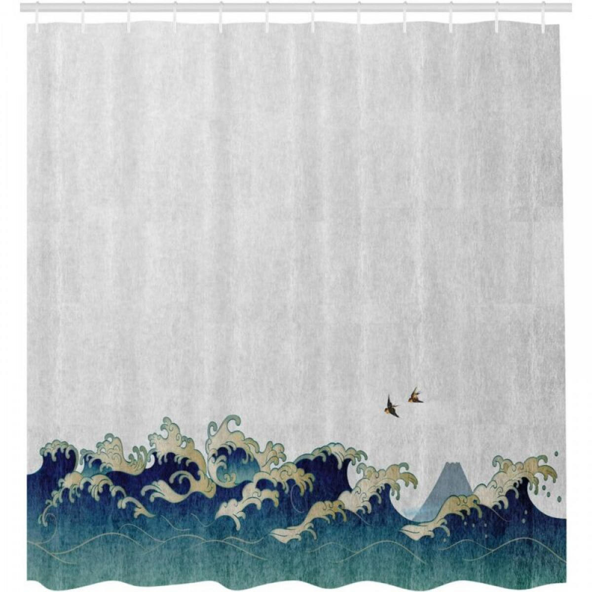 DUSCHVORHANG SET japanisch Stoff Creme Grau Blau Dekor Badezimmer mit Haken - Blau, Textil (180/180cm) - MCBOSON