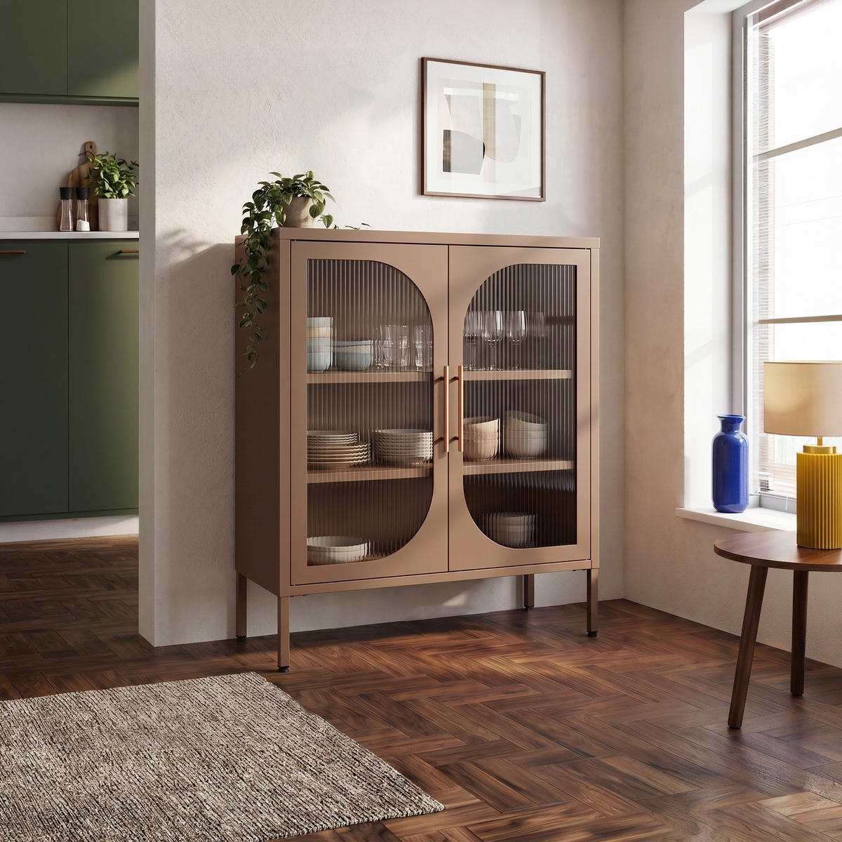 SIDEBOARD LUKA aus Metall und Industrie mit 2 braunen Türen und geriffeltem Glas, 80 cm - Braun, Metall (80/90/35cm) - Sicaan