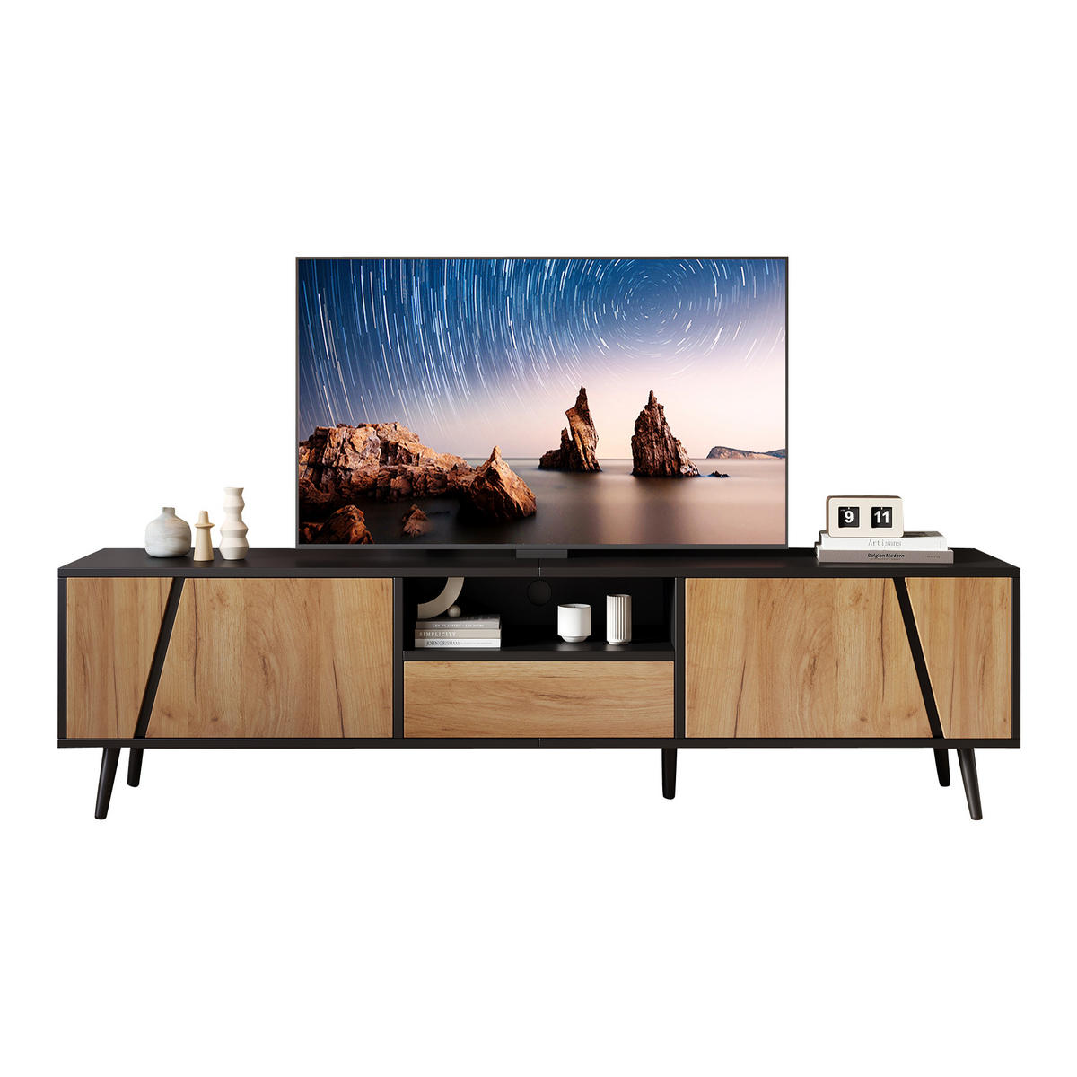 TV-RACK 180x40x46cm Holz-Schwarz Push-to-Open für 75-Zoll-Fernseher - Schwarz, Holz (50.8/12.07/64.77cm) - Raelunyi