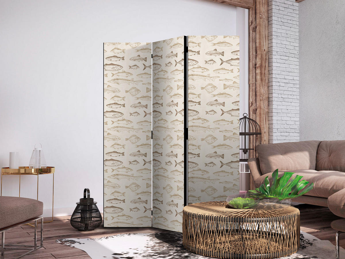 PARAVENT Akustik 3-tlg 135x172 cm Beige Fische Im Boho Stil - Beige, Holz/Textil (135/172/3cm) - Muralo