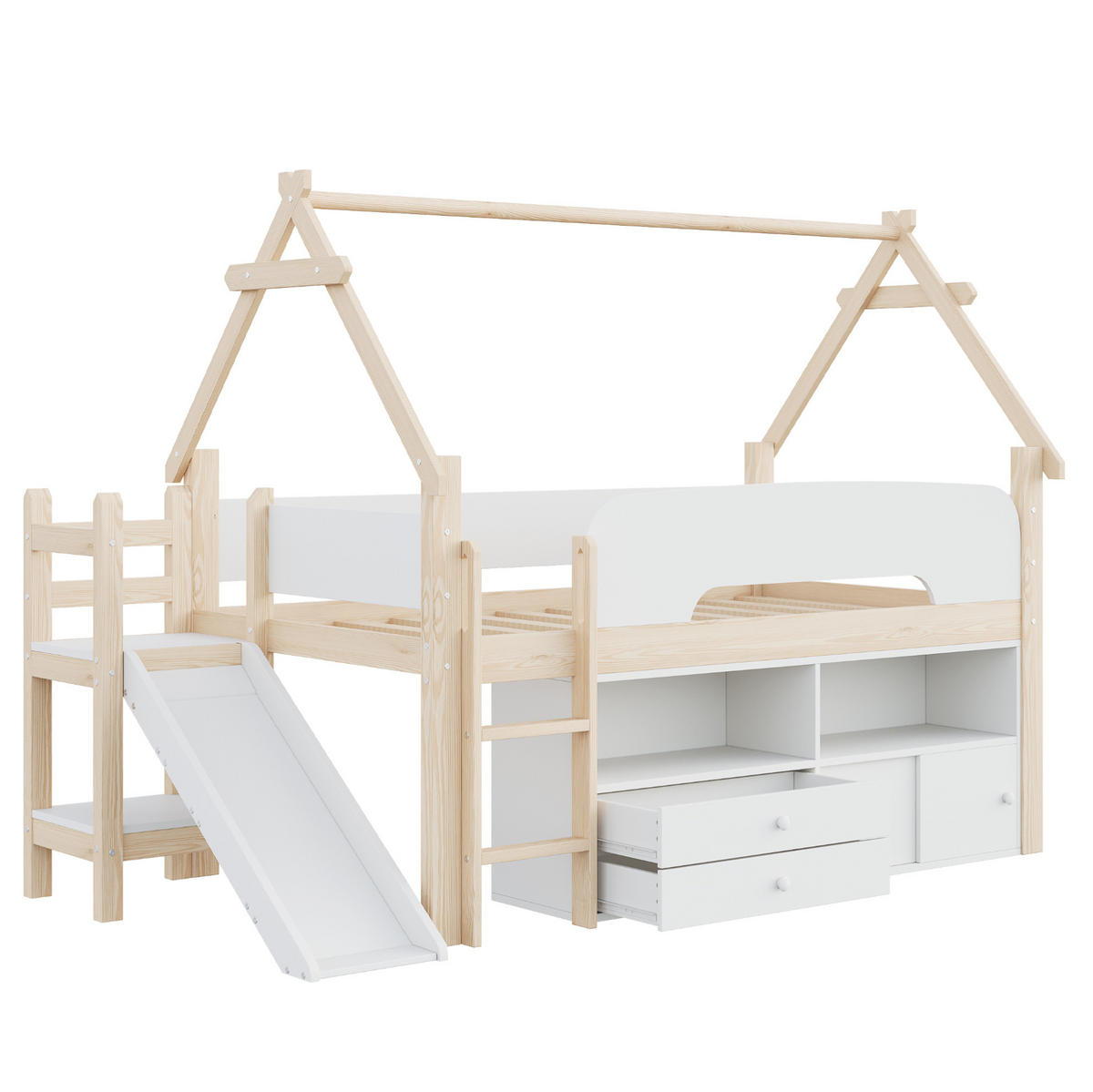 HOCHBETT aus Massivholz und MDF 90x200 cm Natur/Weiß mit Rutsche, Stauraum und Dachrahmen - Weiß, Holz (90/200cm) - Modfu