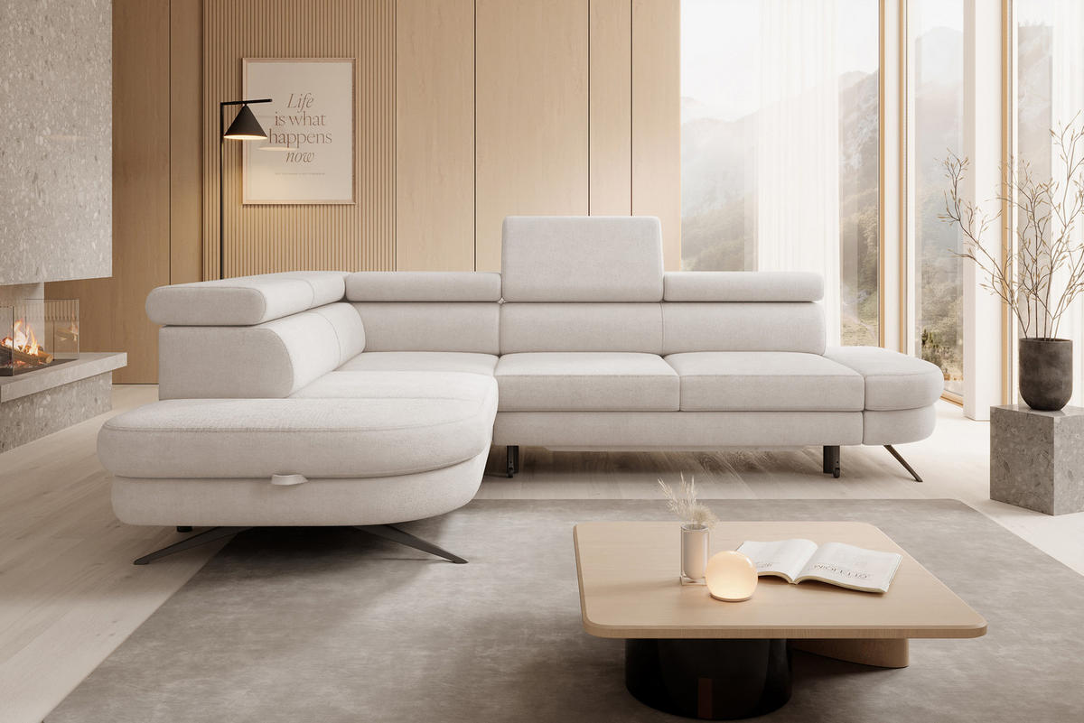 ECKSOFA OTIS L-förm, Schlaffunktion, verstellbare Kopfstützen, in AURORA-Stoff, lose Rückenkissen, freistehend, LINKS 218x276x97 cm Beige - Beige, Holz/Textil (218/276cm) - DomoHome