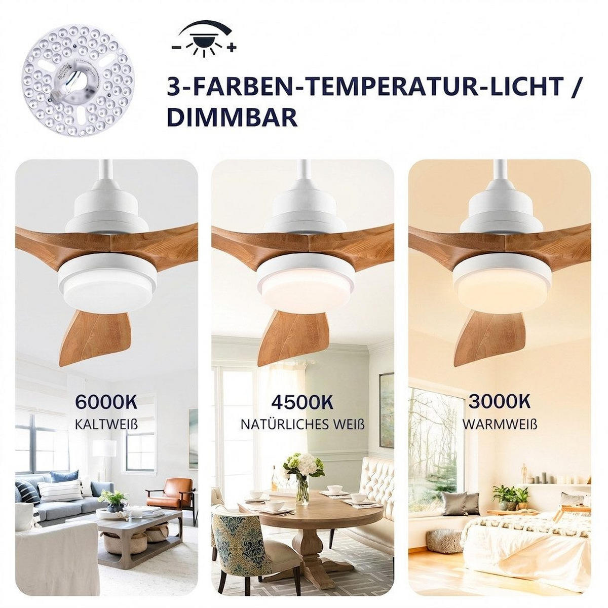 DECKENVENTILATOR & 3 Holzflügeln, 3-Stufen Dimmer, DC-Motor(35dB) - Weiß, Holzwerkstoff (114/114/45.7cm) - BEXEVUE