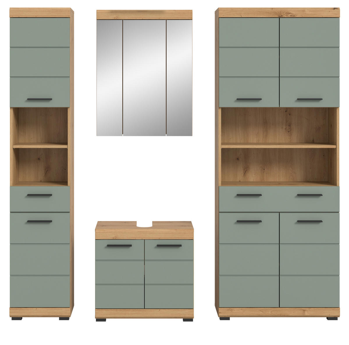 BADMÖBEL-SET Salbei grün, Eiche Artisan 4-teilig 200 cm, Komplettset mit viel Stauraum - Salbeigrün/Schwarz, Glas/Holzwerkstoff (186/191/34cm) - Inn.Furn
