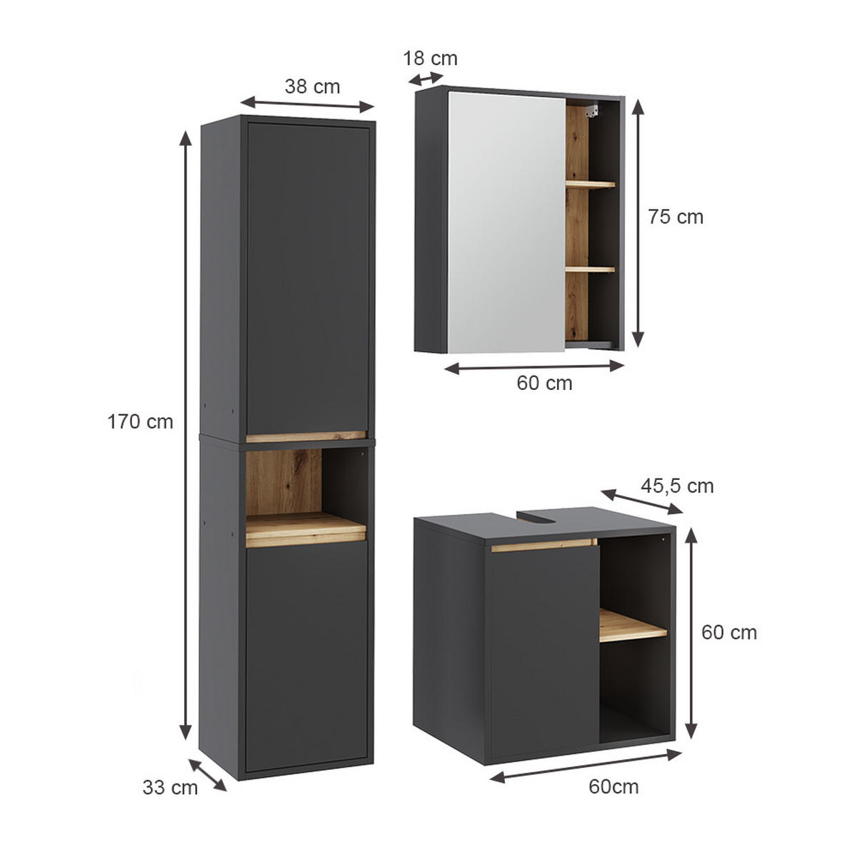 SADA KOUPELNOVÉHO NÁBYTKU Viola Grey/Artisan - šedá/dub artisan, kompozitní dřevo (60/60/45.5cm) - Vicco