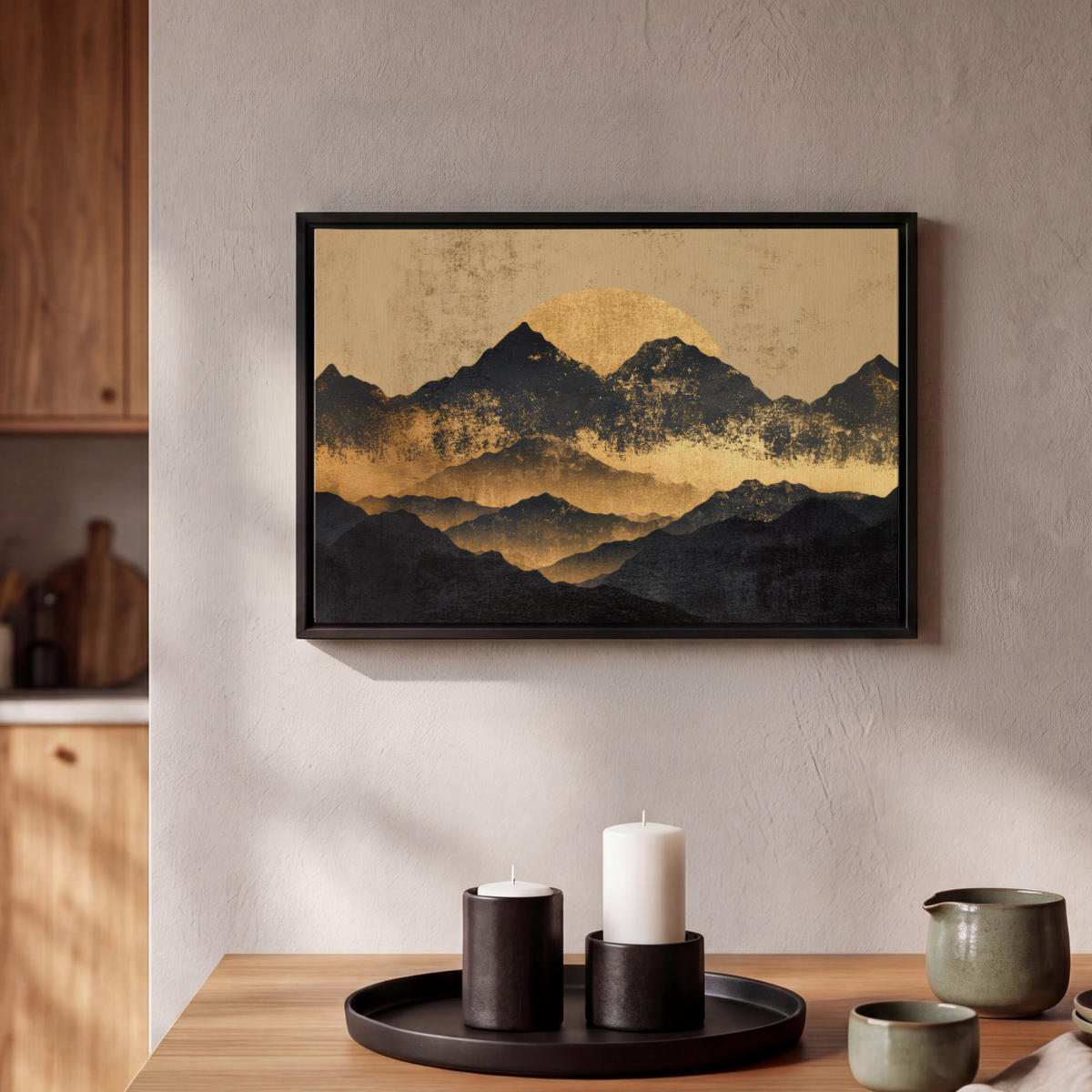 LEINWAND Bilder mit Rahmen - Goldene Berge bei Mondschein - 30x20 - Goldfarben, Textil (30/20cm) - MuchoWow