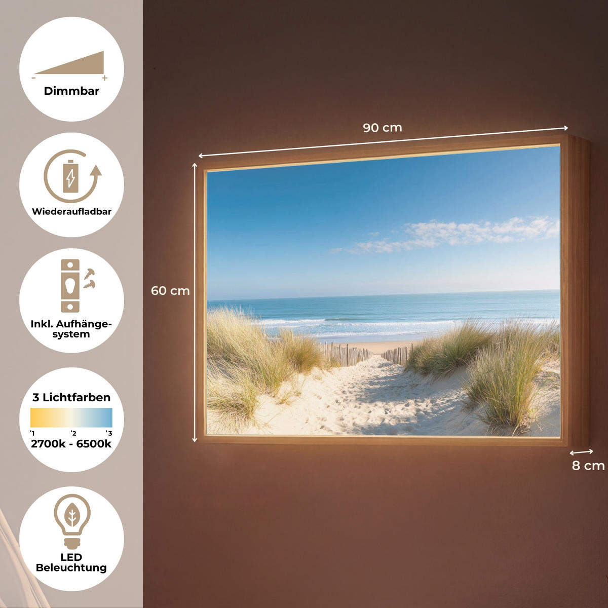 NÁSTĚNNÁ LAMPA S AKUMULÁTOREM Pláž - moře - duny - písek - léto 90x60 cm - písková barva, kompozitní dřevo (90/60/8cm) - OnlyWow