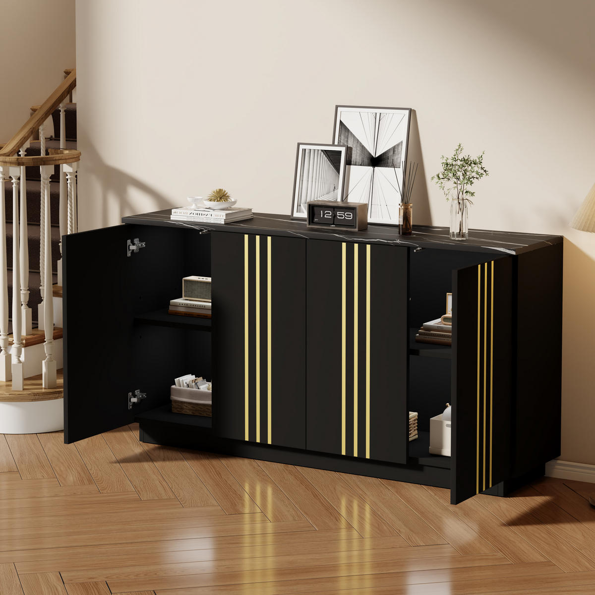 SIDEBOARD Schwarz Gold 4 Türen 140cm verstellbar Modern Schrank - Schwarz, Holzwerkstoff (35/70/140cm) - FLIEKS
