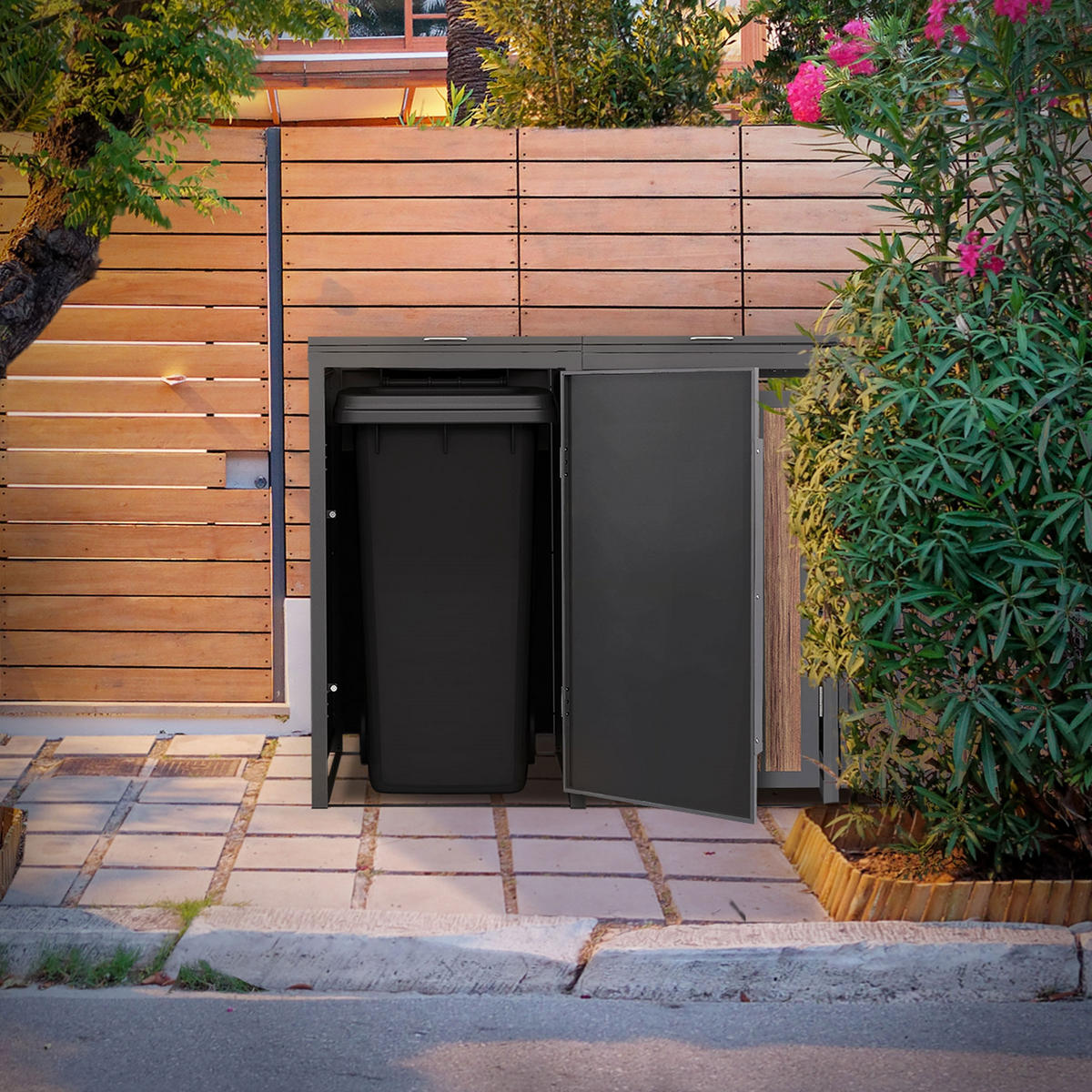 MÜLLTONNENBOX 4er 240L 260x80x120 cm Anthrazit-Eiche dunkel aus Stahl - Dunkelbraun, Metall (80/120/260cm) - ML-DESIGN