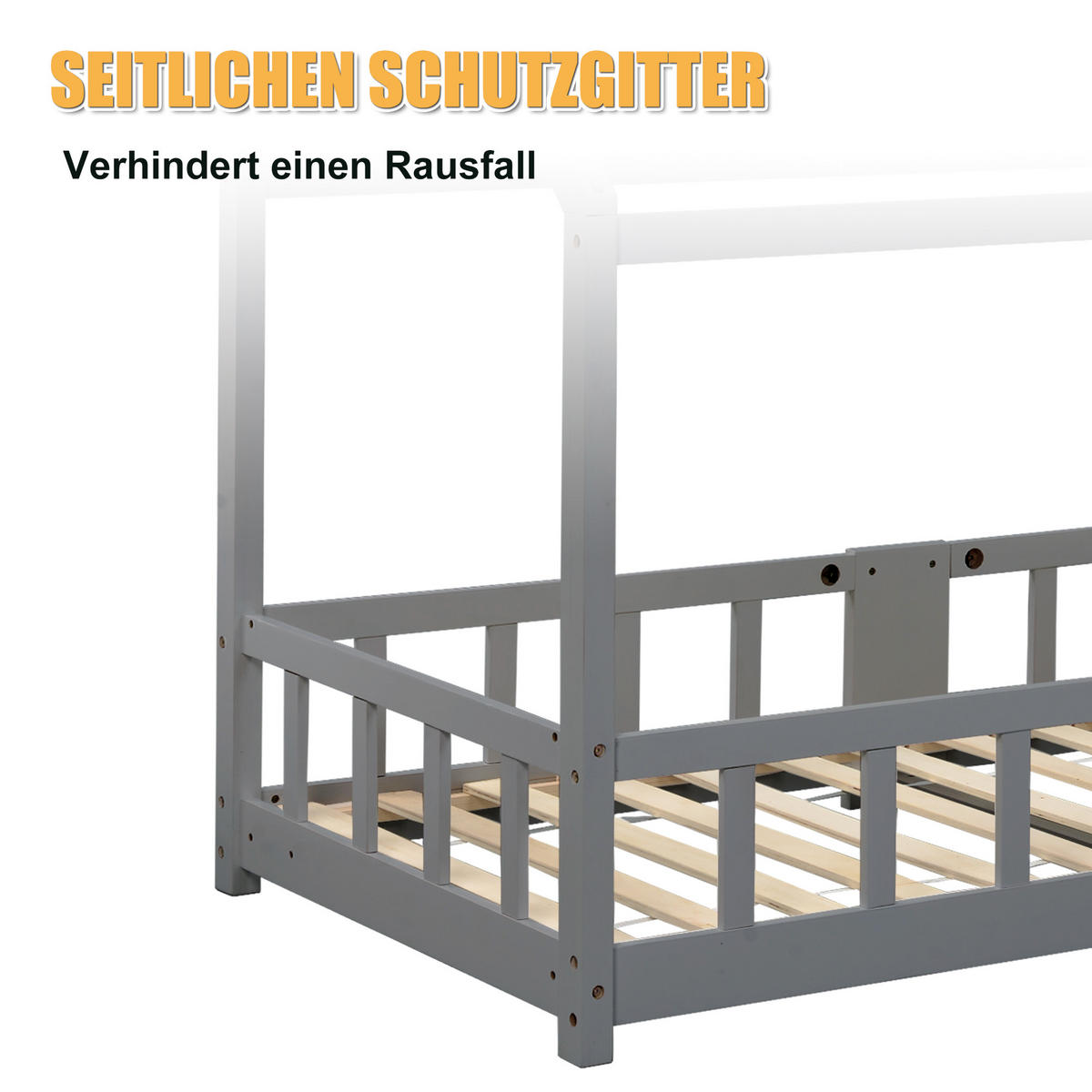 HAUSBETT 90/200 cm in Grau Massivholz mit Tafel und Rausfallschutz - Grau, Holz (90/200cm) - WISHDOR
