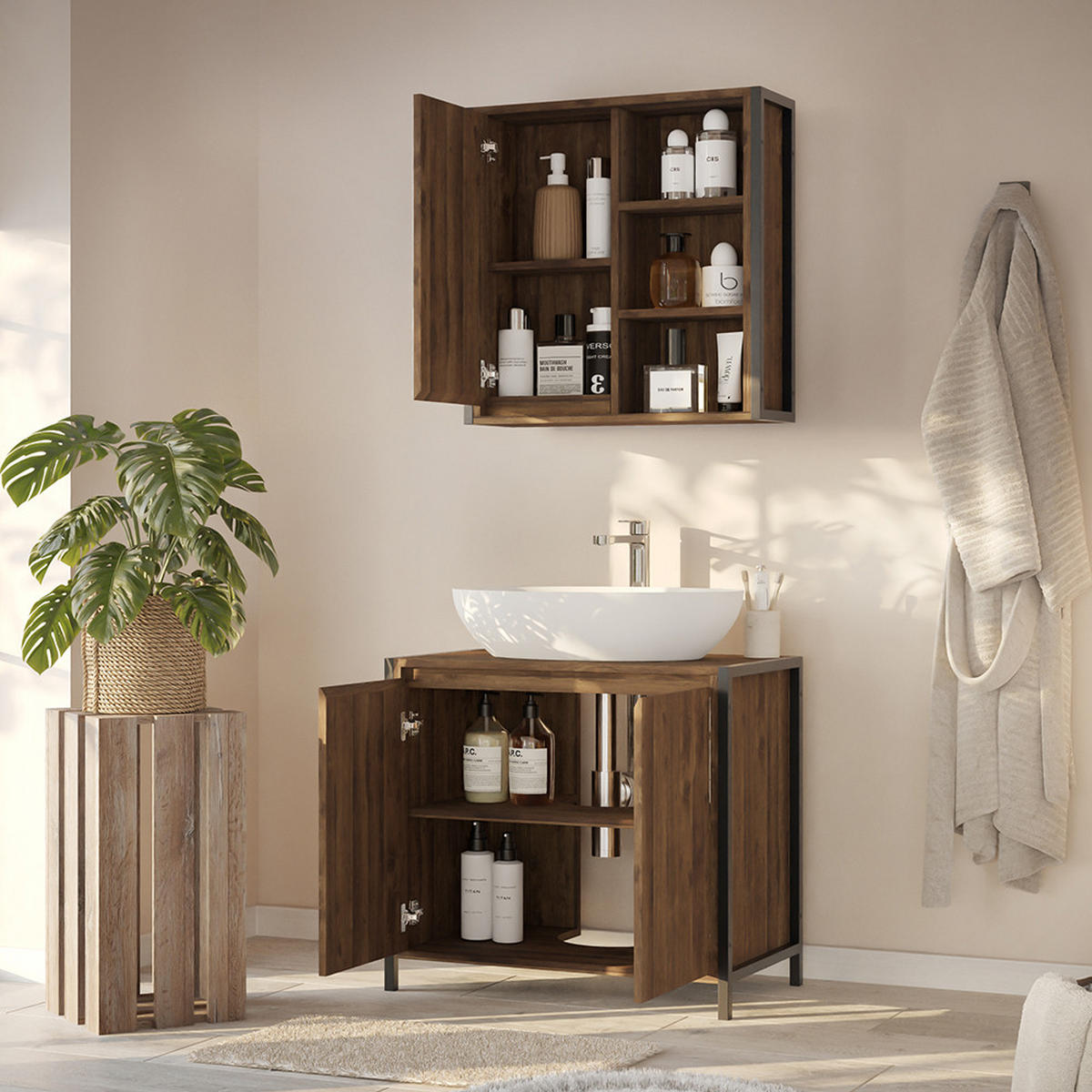 BADMÖBEL-SET Naola Eiche/Schwarz 2 Teile - Eichefarben/Schwarz, Holzwerkstoff (70/65/40cm) - Vicco