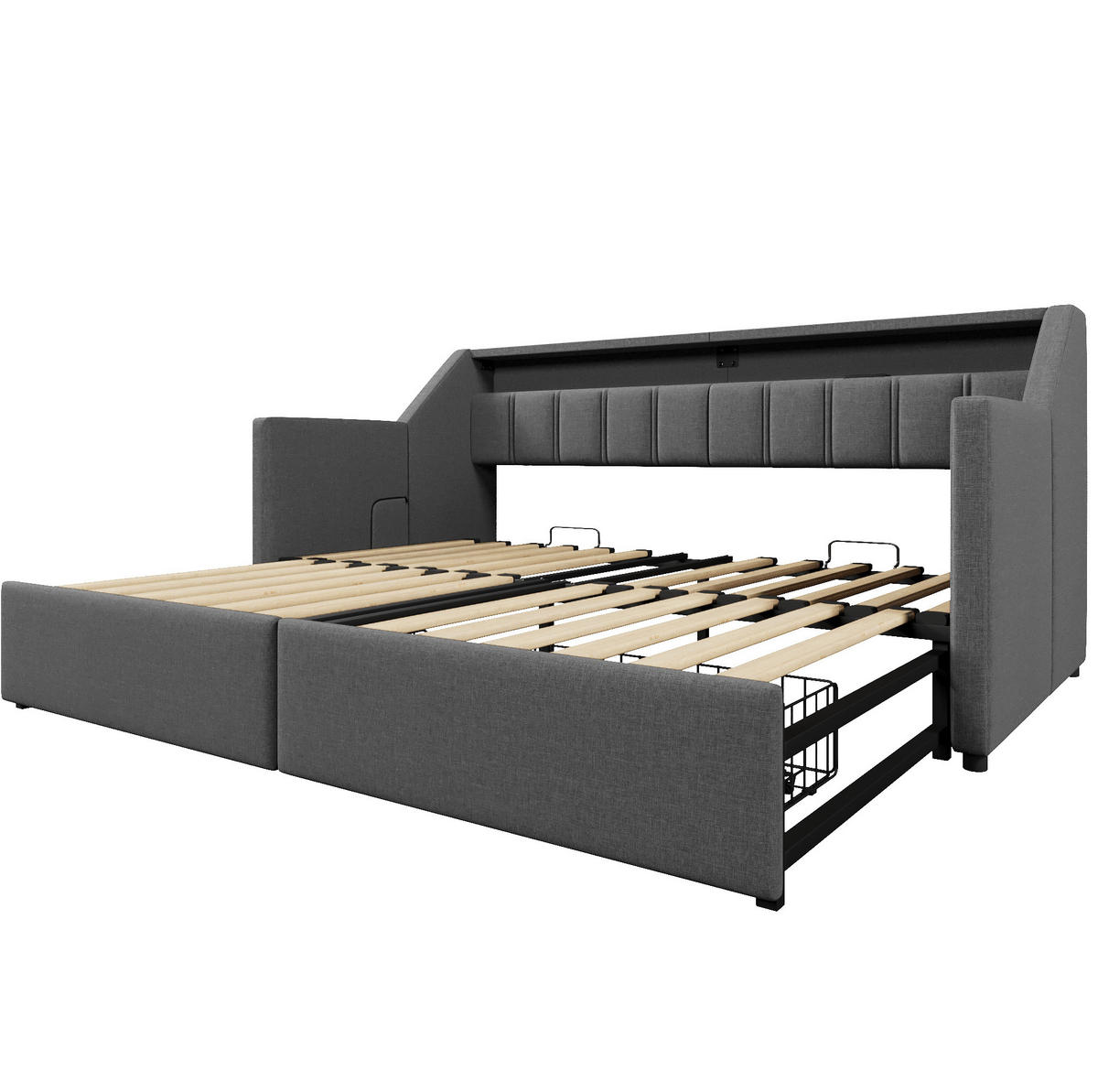 TAGESBETT 90/200 cm aus Leinen mit USB, Type-C, LED-Leiste, 2 Schubladen und Ausziehfunktion, Grau - Grau, Textil (90/200cm) - Redom