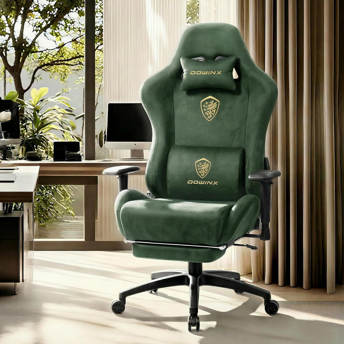 GAMING-STUHL Mikrofaser-Velours Verstellbarer Bürostuhl mit Fußstütze - Grün, Leder (70/128/70cm)