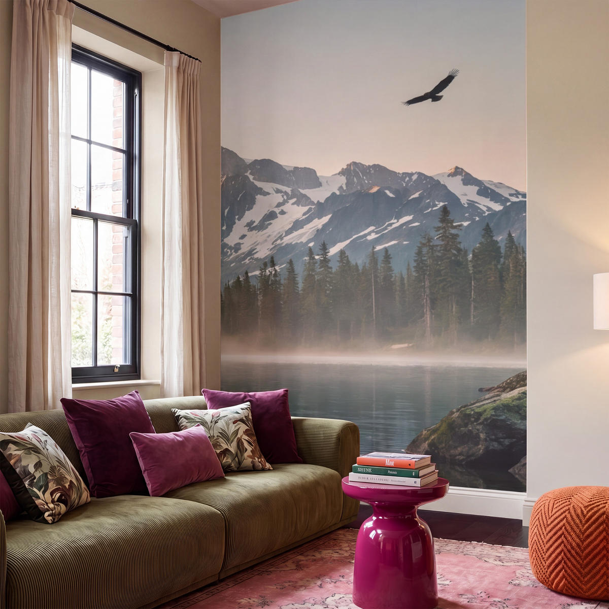 TAPETE - Berge - Wasser - Bäume - 160x280 cm - Multicolor, Papier (160/280cm) - OnlyWow