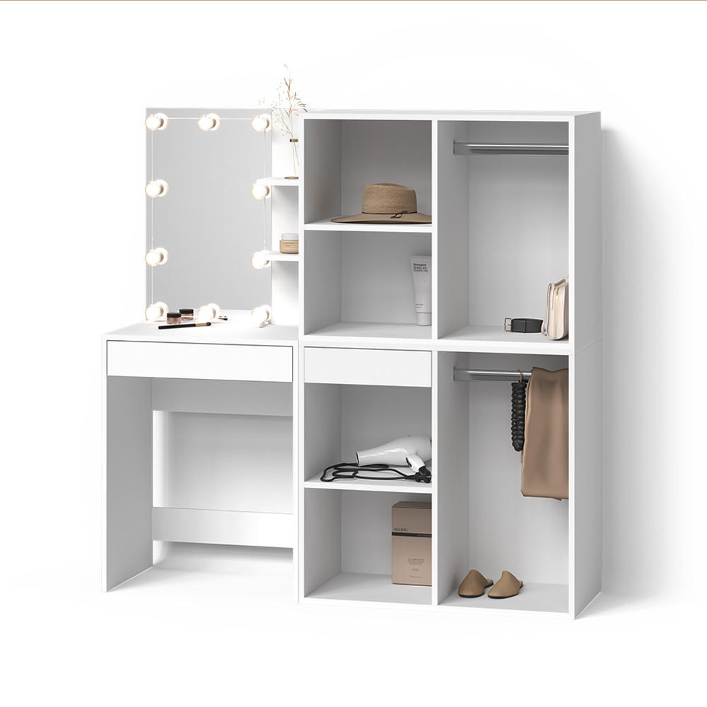 SCHMINKTISCH Nola Weiß 140 cm mit LED Beleuchtung und Schränken - Weiß, Holzwerkstoff (140/140/40cm) - Livinity®