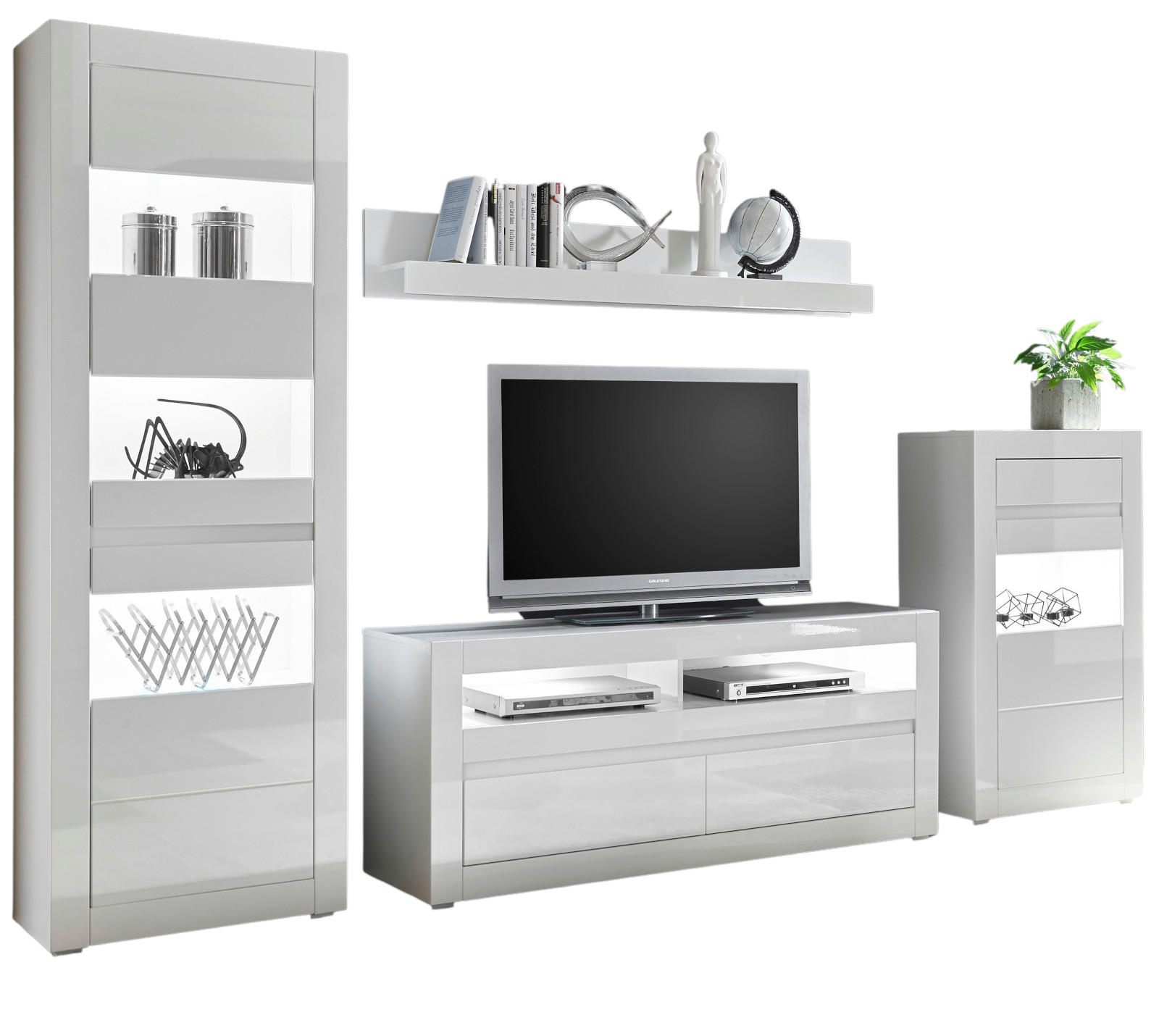 WOHNWAND 4-teilig Hochglanz weiß 302 cm, Anbauwand mit Soft-Close - Weiß Hochglanz/Weiß, Glas/Holzwerkstoff (302/198/42cm) - Furn.Design