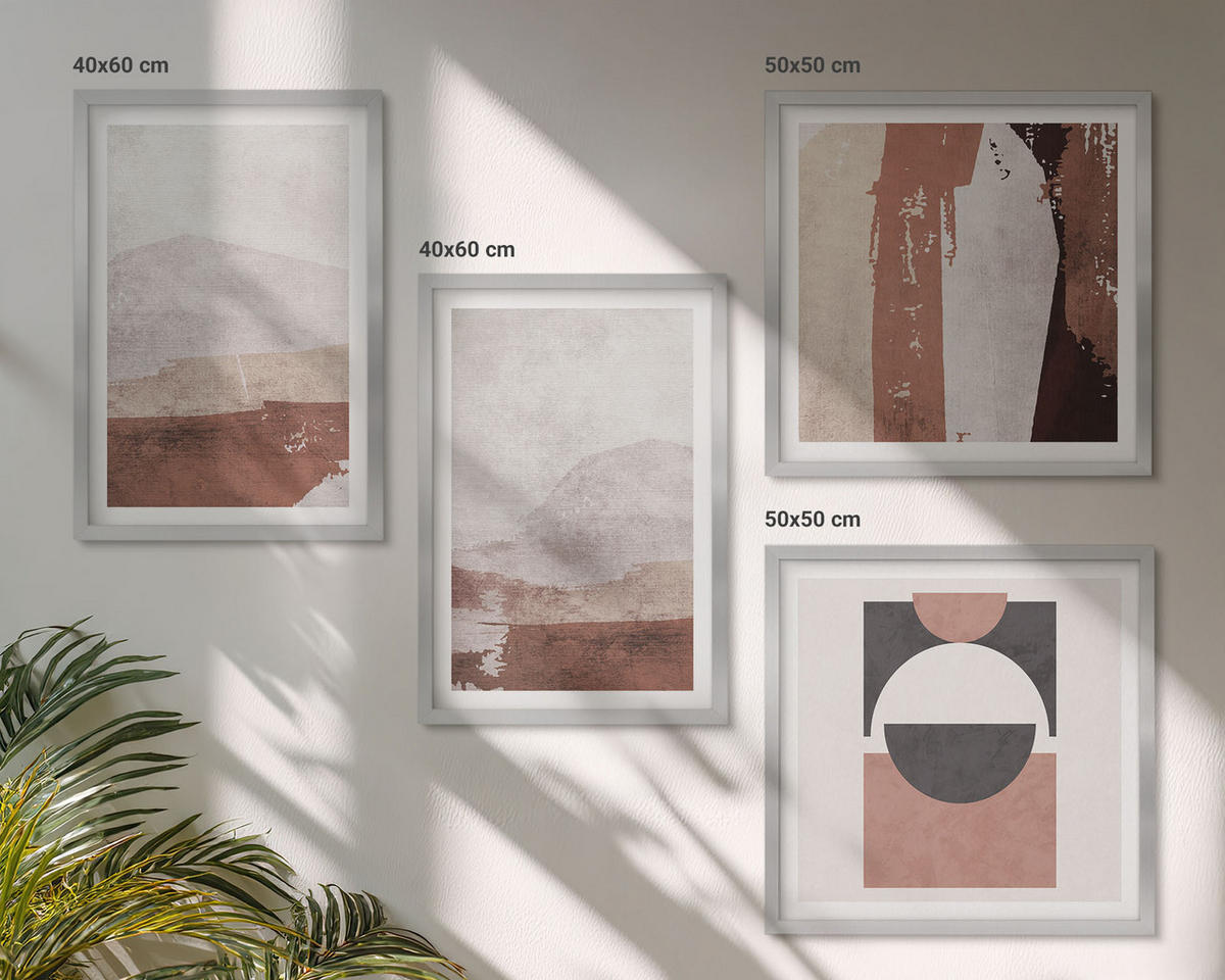 WANDBILDER 4er Set - 50x50 cm & 40x60 cm Silberner Rahmen - Abstrakte braune Muster - Silberfarben, Kunststoff (50/50cm) - ArtPrintCave