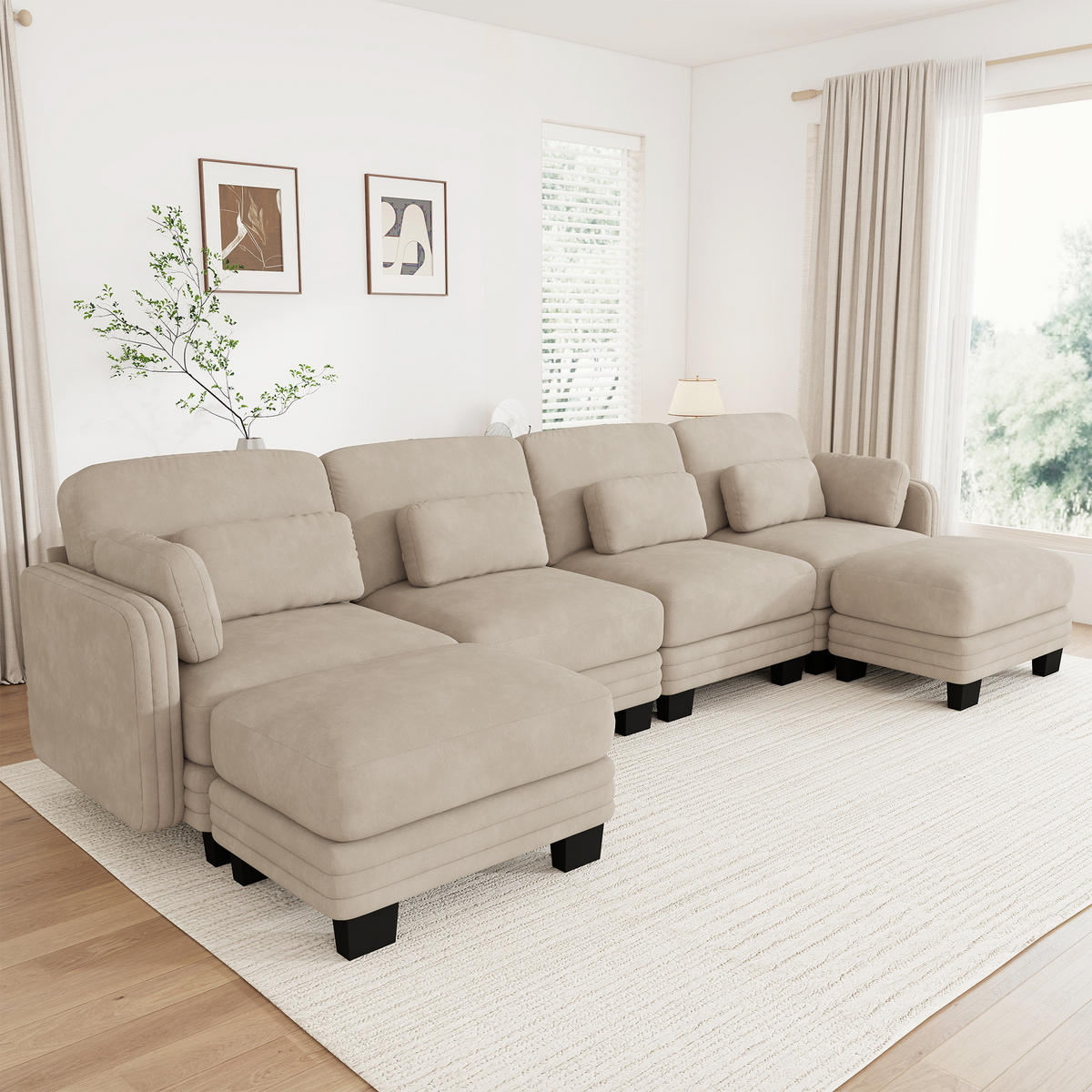 WOHNLANDSCHAFT 4-Sitzer U-Form mit 2 Ottomanen, DE-42686, Hellbraun - Hellbraun, Holz (330/88/143cm) - ComfortXL