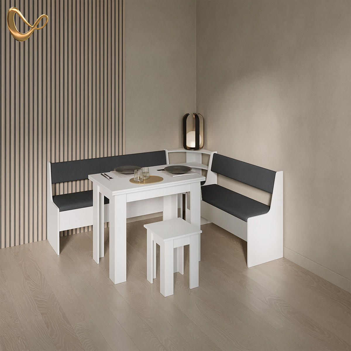 ECKBANKGRUPPE Tiberio Weiß 180 x 150 cm mit Tisch - Weiß, Holzwerkstoff (180/80/150cm) - Livinity®