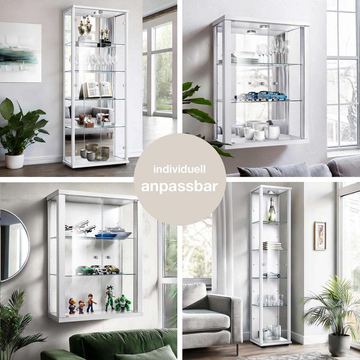 GLASVITRINE 33/67/176 cm mit Spiegel, LED, Schloss & 4 höhenverstellbaren Glasböden - Transparent/Silberfarben, Glas/Holzwerkstoff (67/176/33cm) - K-Möbel