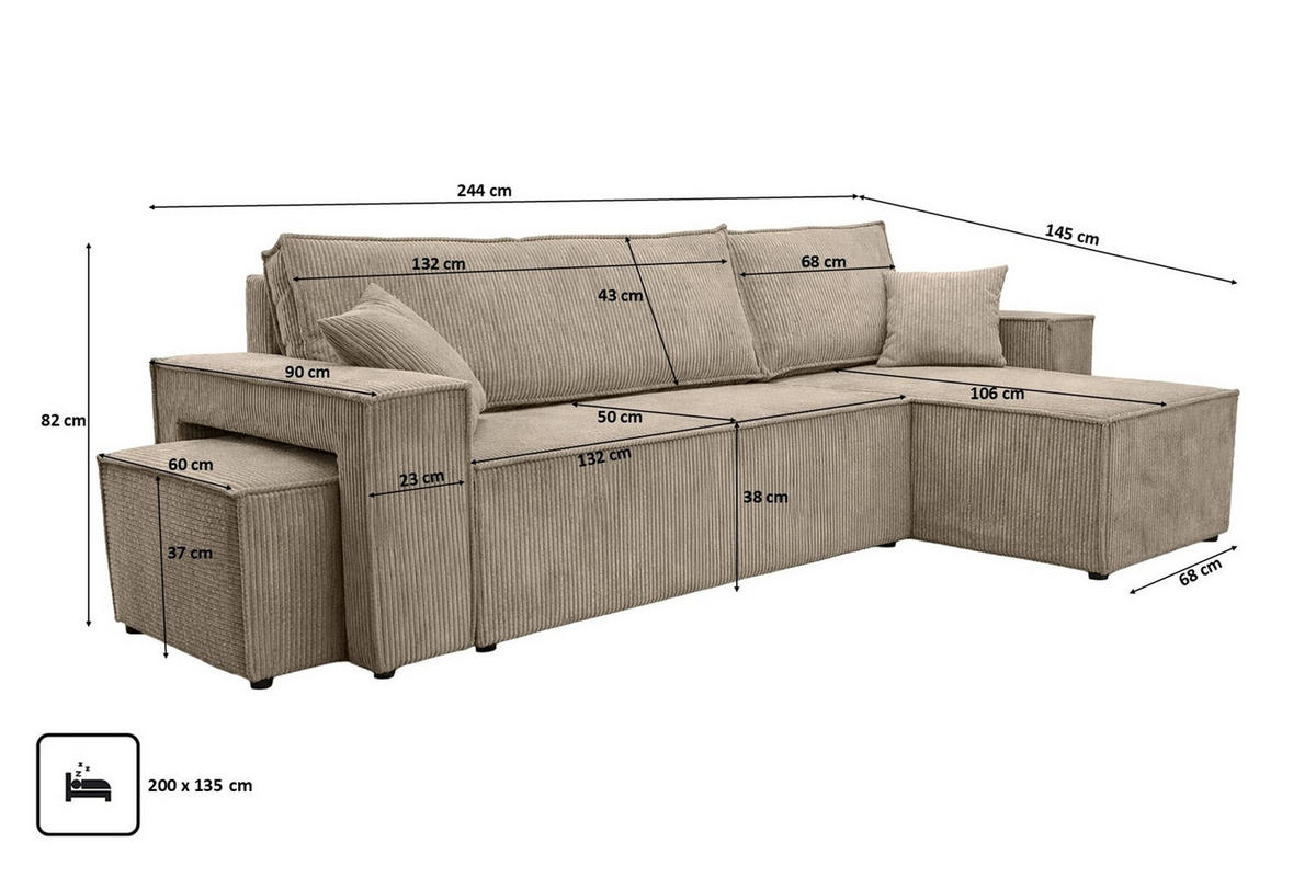 ECKSOFA Mit Schlaffunktion Und Pouf, Cordstoff Poso, Dunkelbeige, Rechts, Best L Mit Pouf - Beige, Holz (244/145cm) - Kaiser Möbel