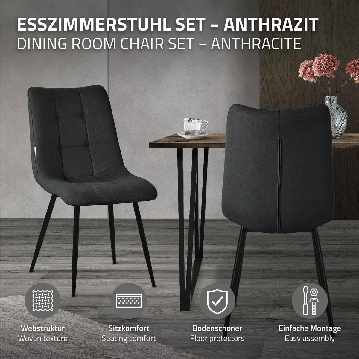 ESSZIMMERSTÜHLE 2ER-SET Anthrazit Stoffbezug - Anthrazit/Schwarz, Textil/Metall (49/89/60.5cm) - ML-DESIGN
