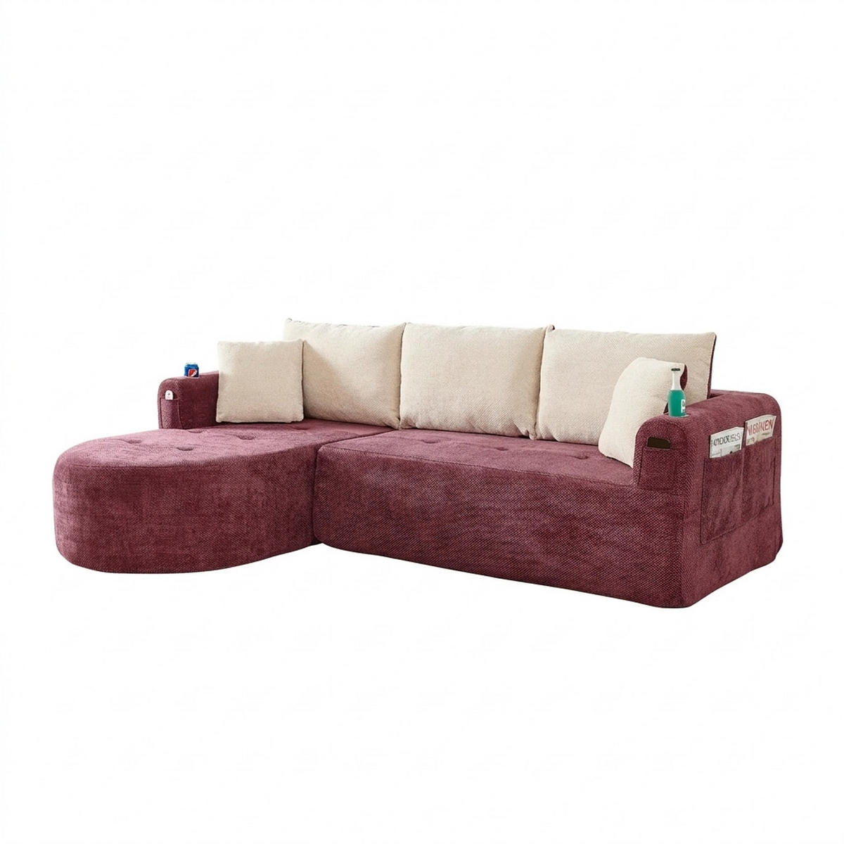 ECKSOFA 255/171/64 cm Bordeauxrot Leinen mit 2 Getränkehalter - Rot, Textil (255/171cm) - Oxeza