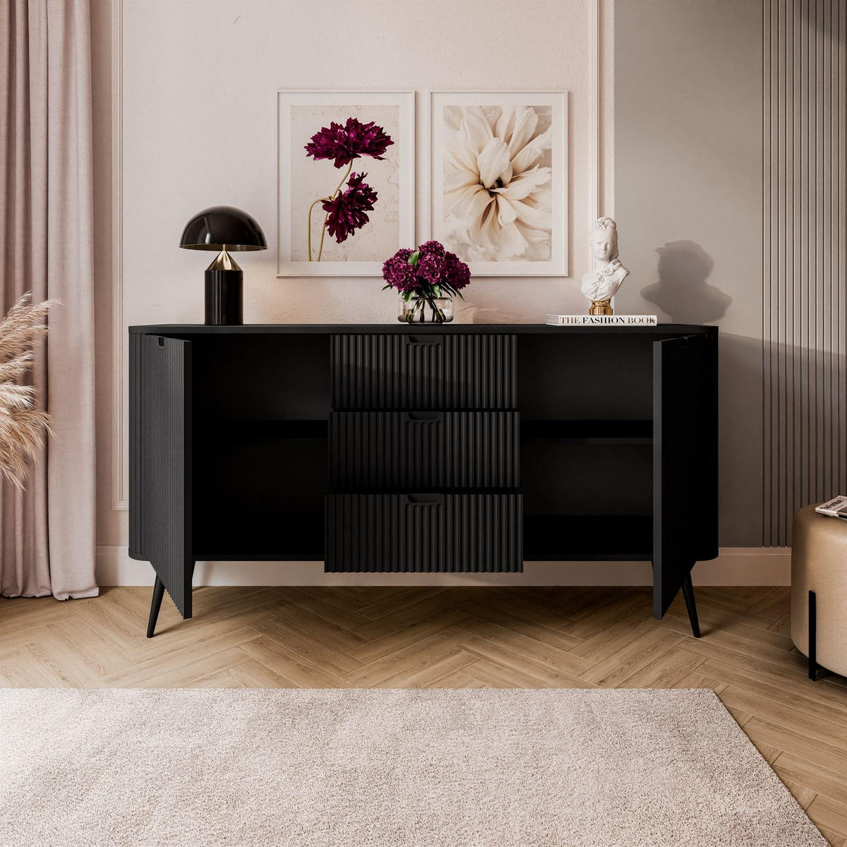 KOMMODE ZAIRA KSZ168 mit Schubladen Schwarz - Schwarz, Holzwerkstoff (168/87/39cm) - Lookway