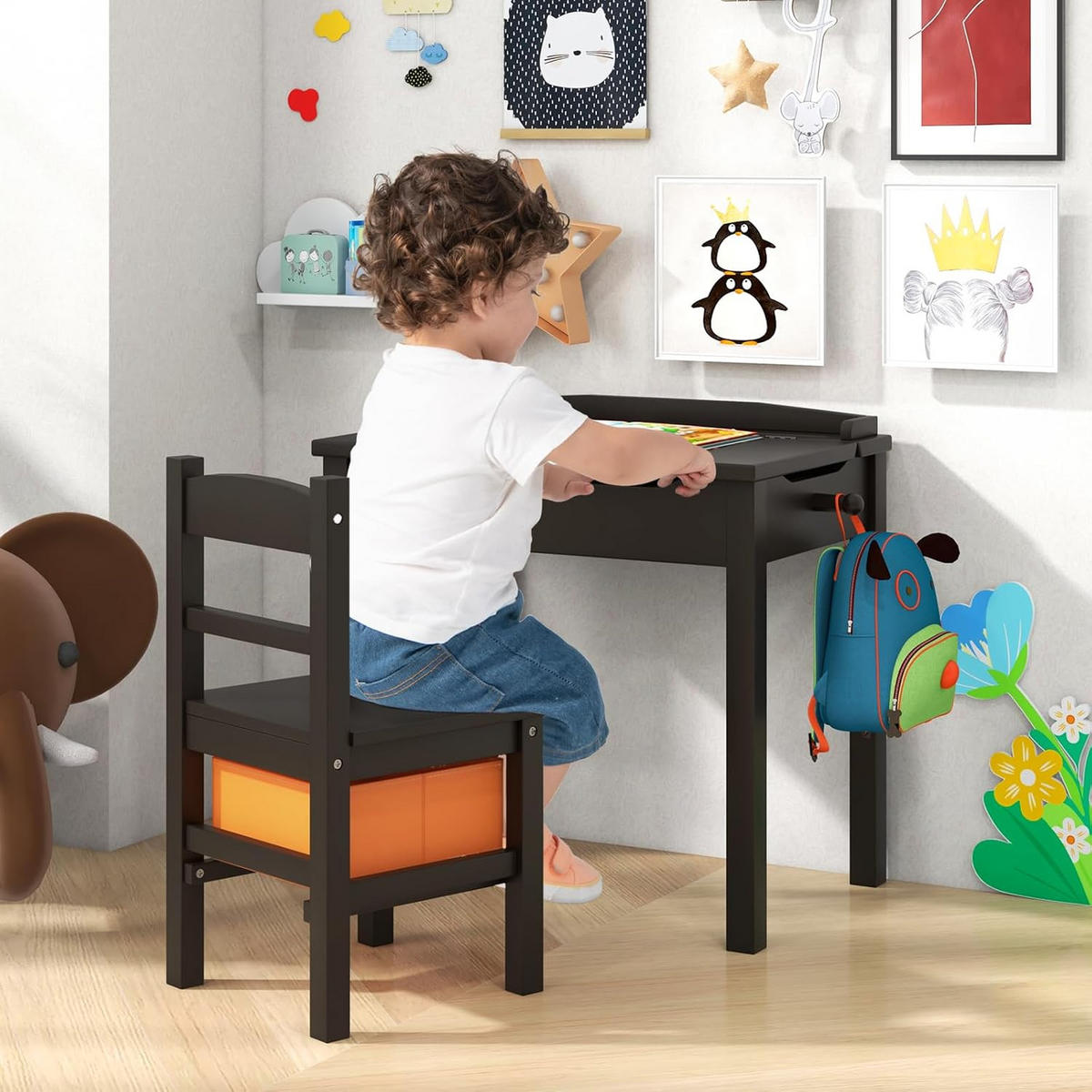 KINDERTISCH‑SET aus Massivholz braun(2-tlg) - Braun, Holz (59/55/40cm) - COSTWAY
