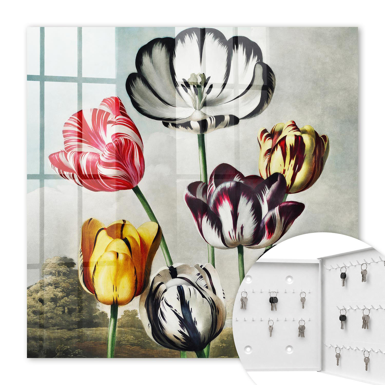 SCHLÜSSELBOX Weiß 30x30 cm – Türöffnung nach rechts - Retro-Tulpen - Rot, Metall (30/30/5cm) - TULUP