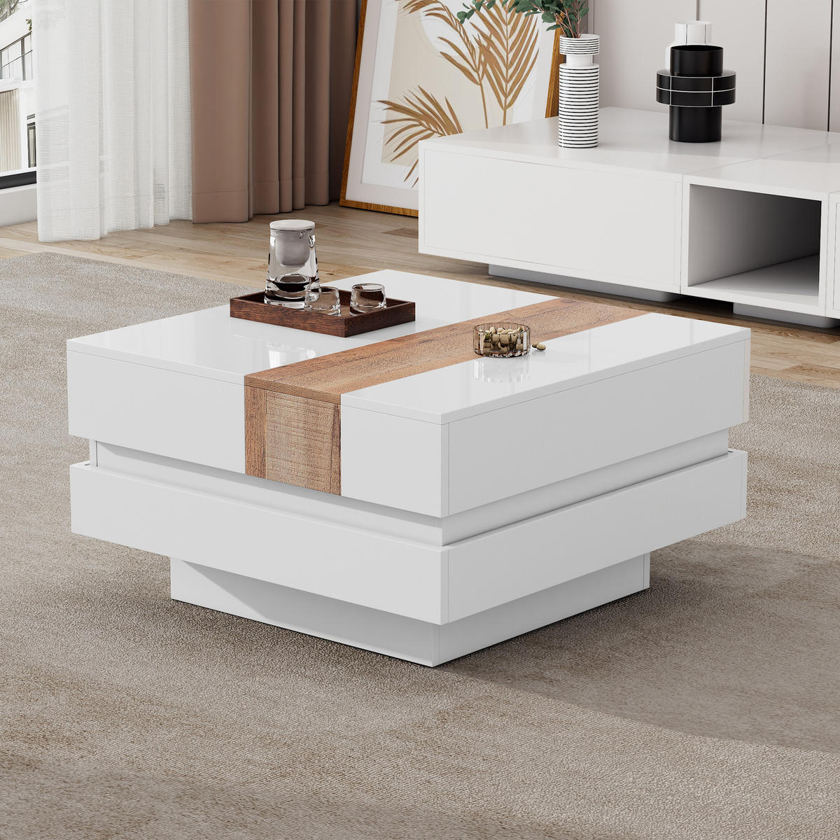 COUCHTISCH 70/70/39 cm hochglanz mit ausziehbarer Tischplatte weiß - Weiß, Holzwerkstoff (70/70/39cm) - OKWISH