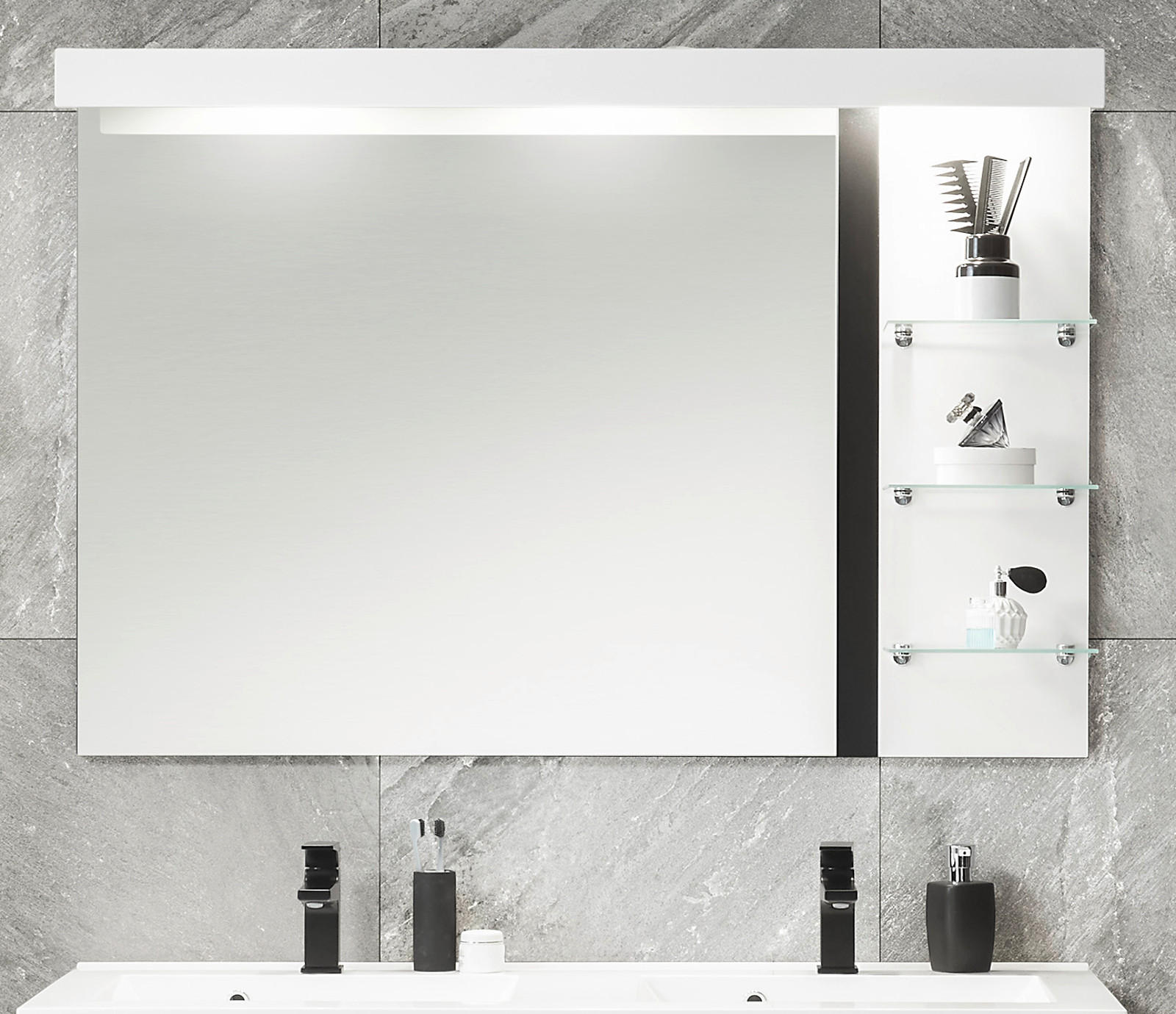 BADSPIEGEL weiß Hochglanz schwarz, Badspiegel mit Ablage LED Beleuchtung, 120 x 85 cm, Design-D - Weiß Hochglanz, Holzwerkstoff (120/85/20cm) - Furn.Design