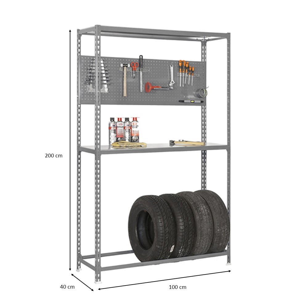 REIFENREGAL mit Arbeitsfläche Metal Shark NO.4 HxBxT 200 x 100 x 40 cm 6 Reifen Grau - Grau, Metall (100/200/40cm) - PROREGAL