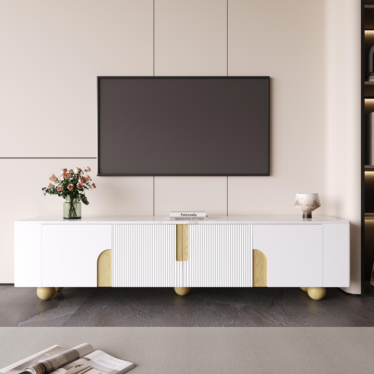 TV-SCHRANK in Weiß und Holzoptik mit 4 Türen und Marmoroptik 180/40/44 cm - Weiß, Holzwerkstoff (180/44/40cm) - Redom