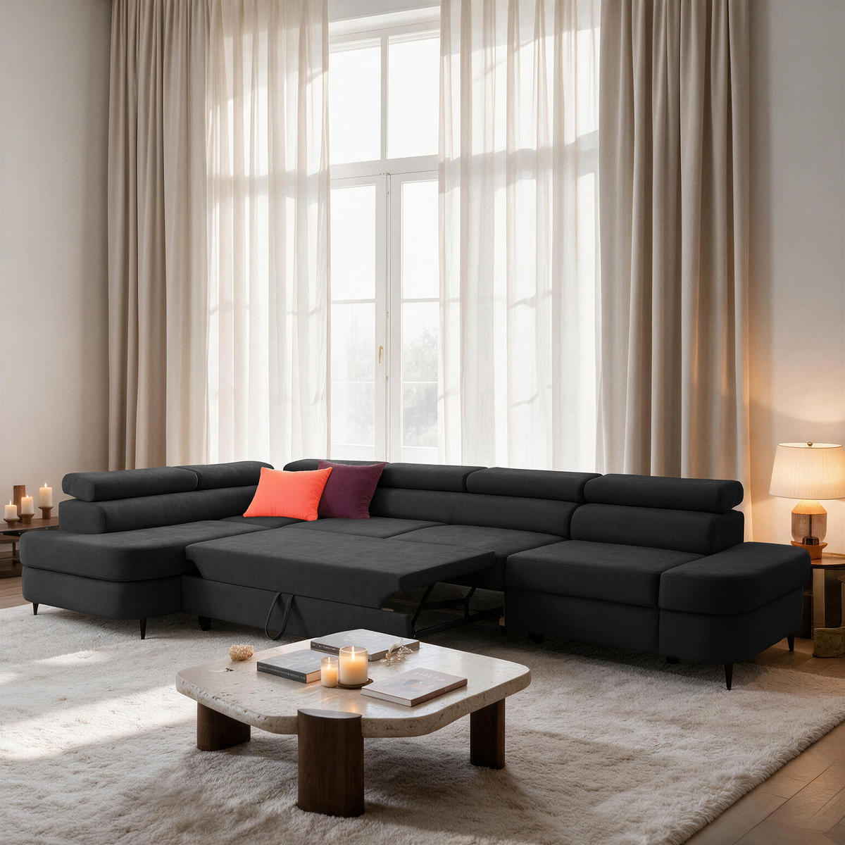 ECKSOFA PRIAM MAXI L-Form Links mit Schlaffunktion 125x195 Velours Anthrazit - Anthrazit/Schwarz, Holz/Textil (203/350cm) - Muffo