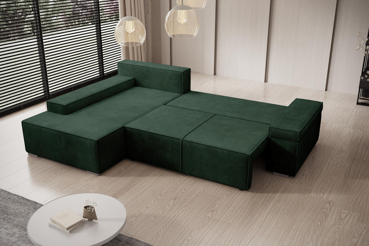 ECKSOFA Milo mit Schlaffunktion und Bettkasten, Couch L-Form, Cord-Stoff, 273x85x185 cm, Grün - Grün, Holz (185/273cm) - PROMETO Möbel