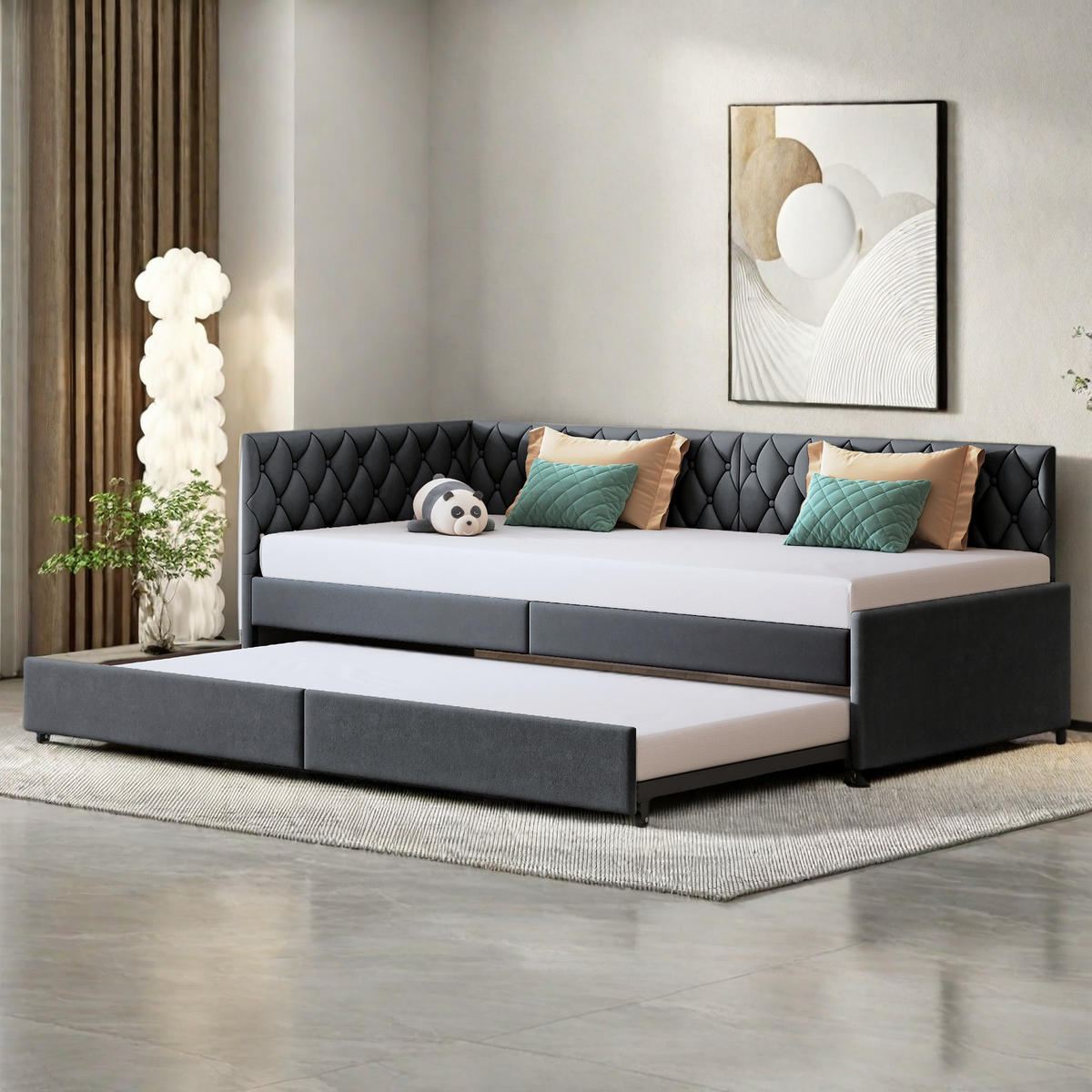 SCHLAFSOFA 90x200 cm, Ausziehbares Polsterbett, multifunktional,Grau - Grau, Holz (96.5/70/205cm)