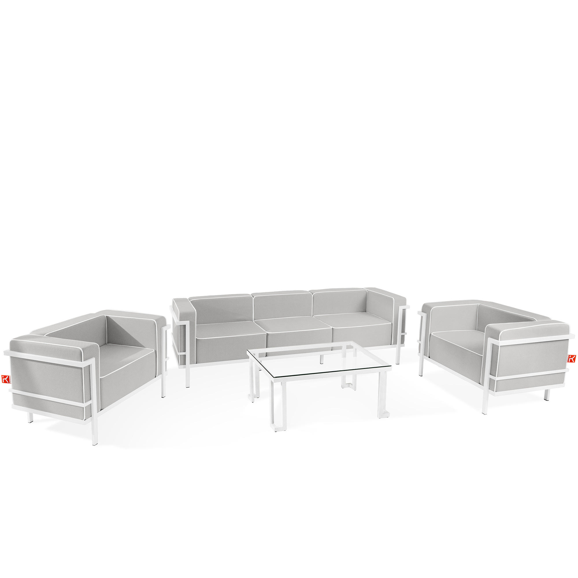 GARTENLOUNGE-SET TRIGLO 1x Tisch, 2x Sessel, 1x Sofa 3-Sitzer, 4-tlg., Modern, Weiß - Dunkelgrau/Weiß, Glas/Textil - KONSIMO®