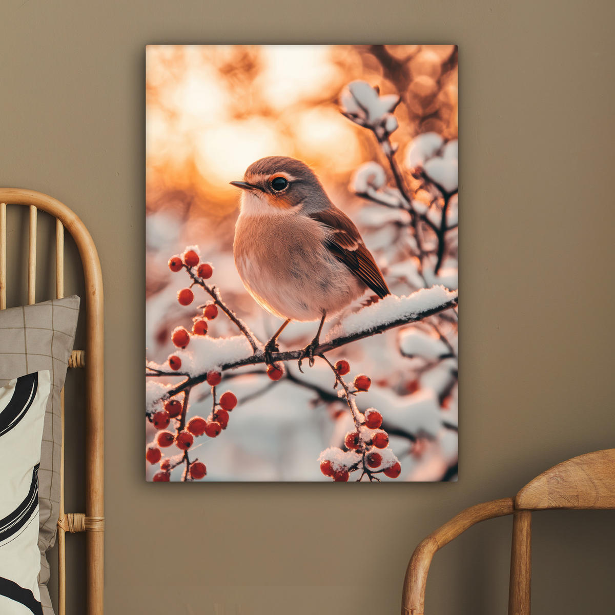 LEINWANDBILD Vogel - Zweig - Winter - Tiere - Schnee 60x80 cm - Bernsteinfarben, Textil (60/80cm) - MuchoWow