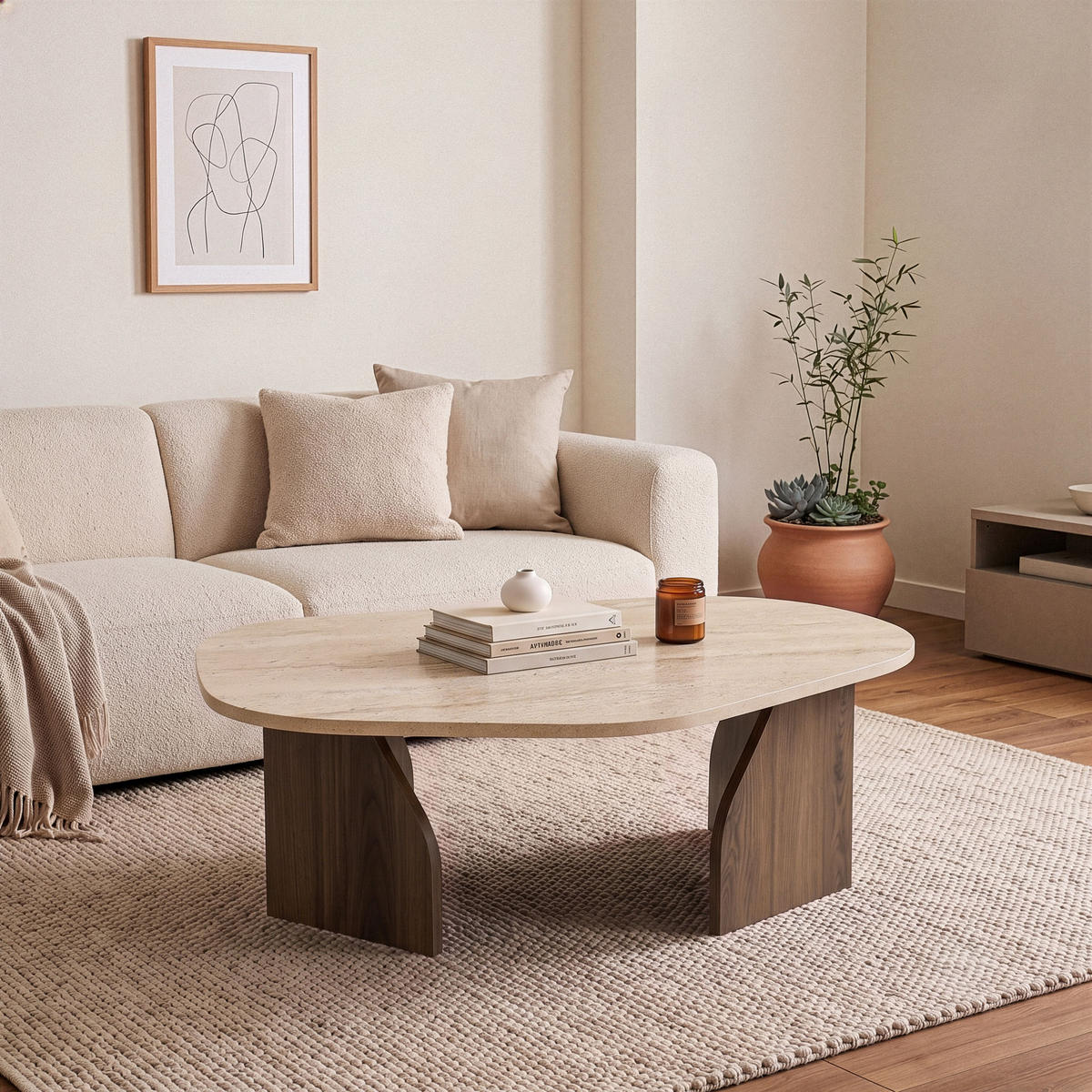 KONFERENČNÍ stolek s organicky tvarovanou deskou a širokými nohami, délka 100 cm - ROCK - barva dubu/světle hnědá, kompozitní dřevo (100/60/35cm) - Calicosy