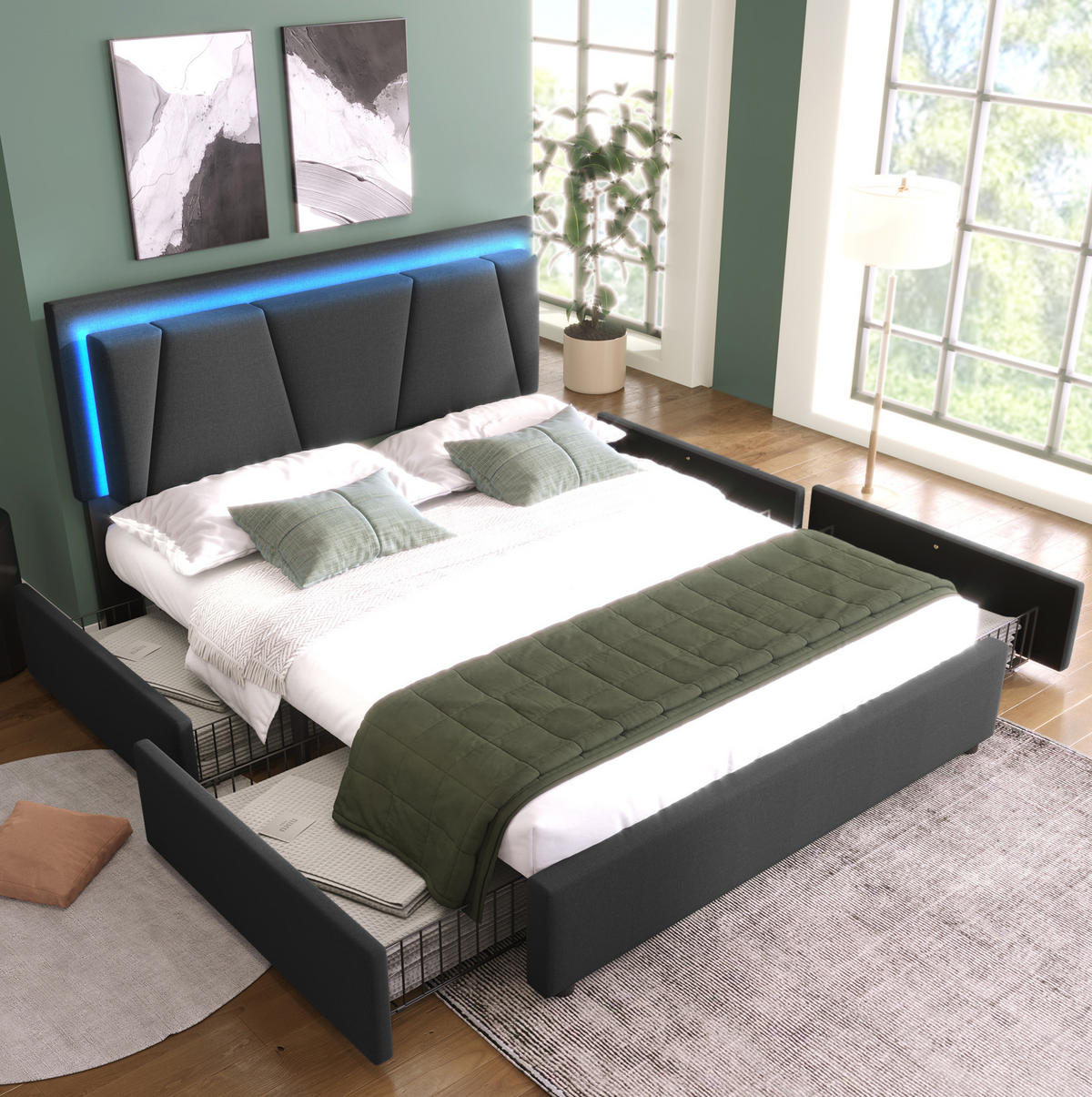 POLSTERBETT mit LED-Beleuchtung 140/200 cm mit 4 Schubladen & verstellbarem Kopfteil - Grau, Holz (140/200cm) - BEAOK