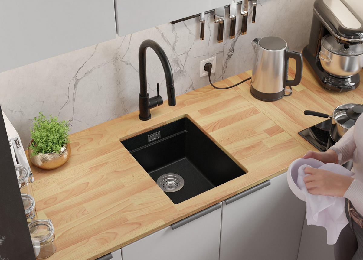 UNTERBAUSPÜLE GRANIT Prag, 3-er set Anthrazit 36/47 cm, 1 Becken + Ablauf-Set + Aufrollbare Abtropffläche ab 40er Unterschrank - Chromfarben/Anthrazit, Kunststoff (36/20/47cm) - Primagran