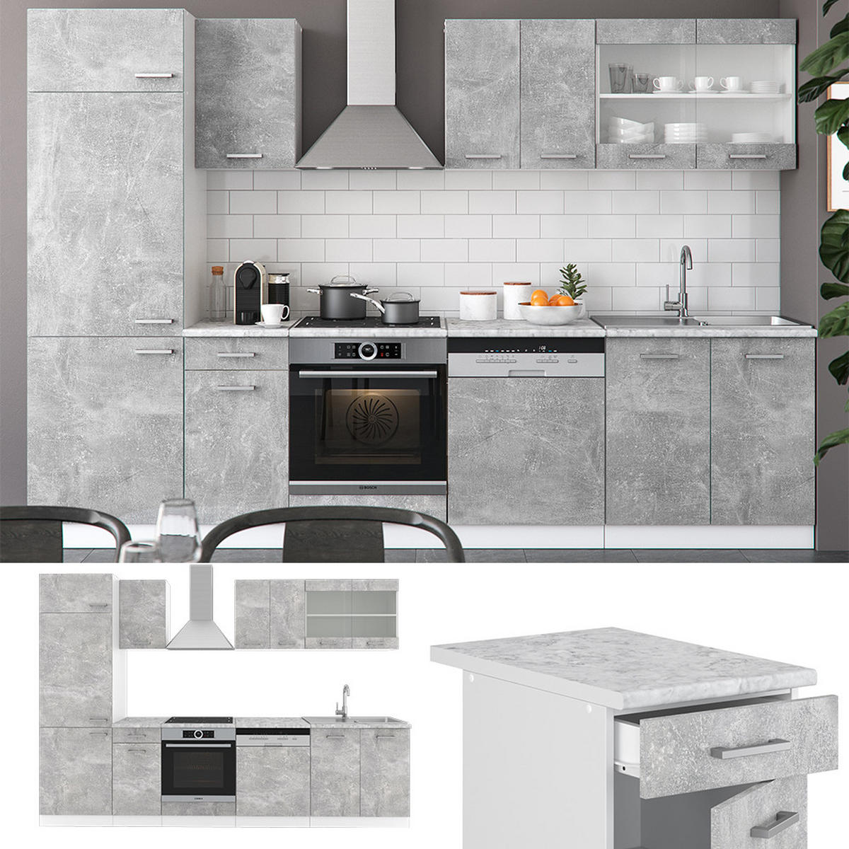 KÜCHENZEILE R-Line Beton/Weiß 300 cm, AP Anthrazit - Schieferfarben/Weiß, Holzwerkstoff (300/81.6/60cm) - Vicco