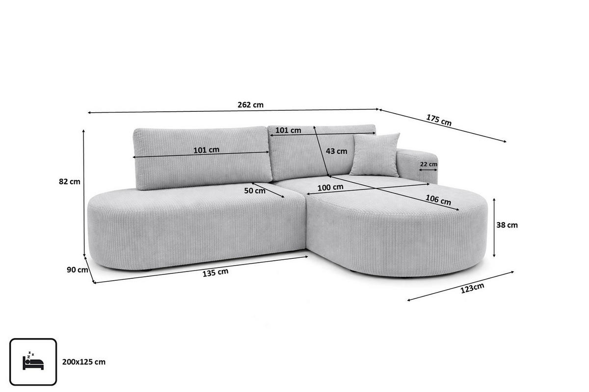 ECKSOFA Mit Schlaffunktion Und Bettkasten, Cordstoff Poso, Hellgrau, Rechts, ROUND ONE OPEN XL - Hellgrau, Holz (262/175cm) - Kaiser Möbel