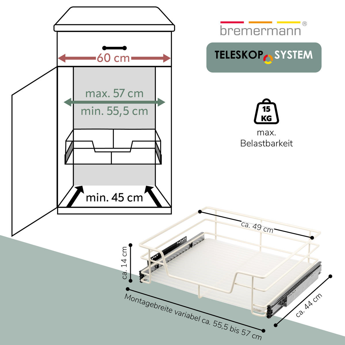 TELESKOPSCHUBLADE 60 cm Breite, mit Einlegeboden, Küchenschublade, cremeweiß - Creme, Metall (57/15/44cm) - bremermann