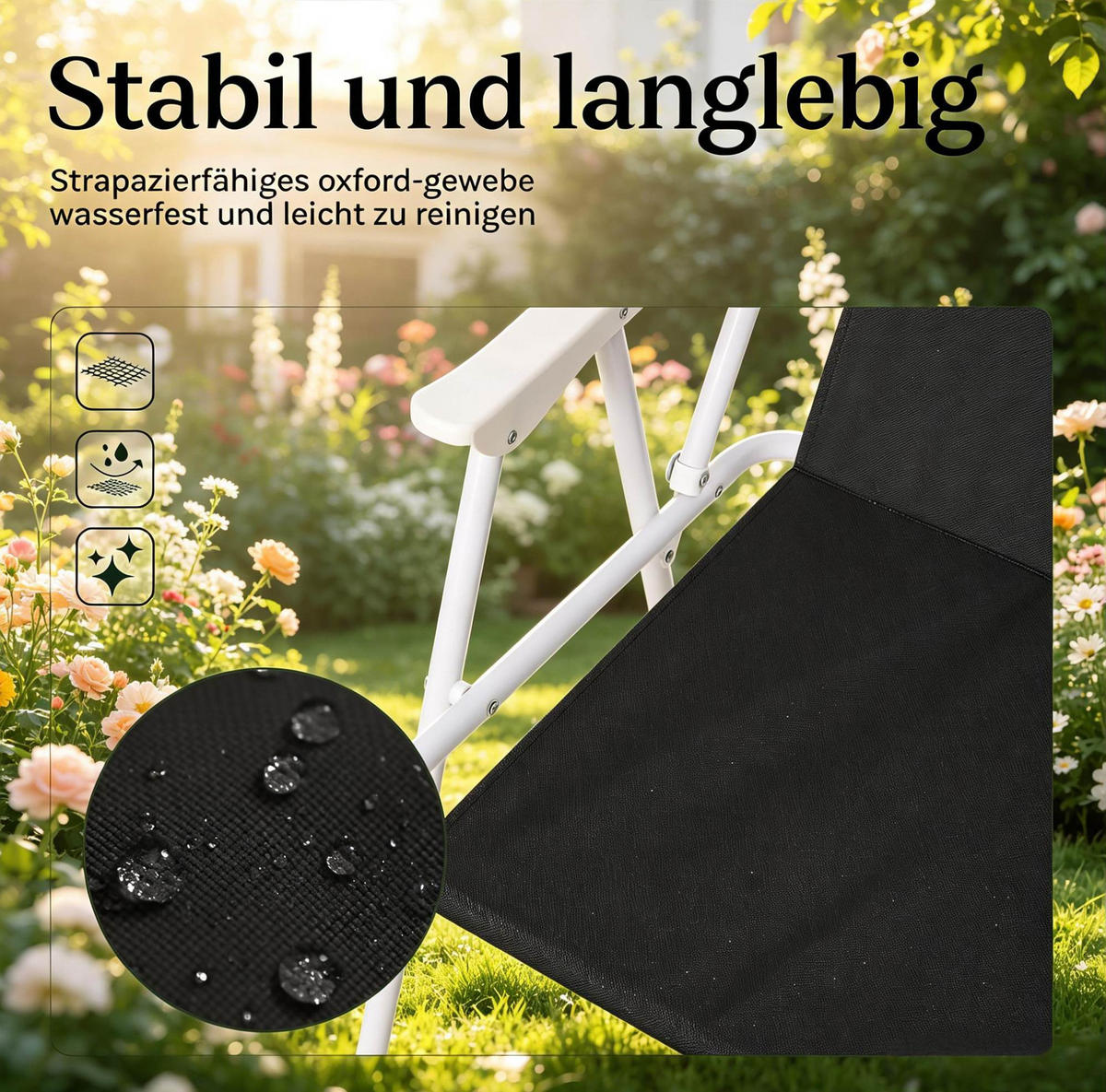 KLAPPSTUHL 58/53/76 cm faltbar mit Armlehnen und Oxfordbezug, Schwarz - Schwarz, Metall (58/76/53cm) - Redom