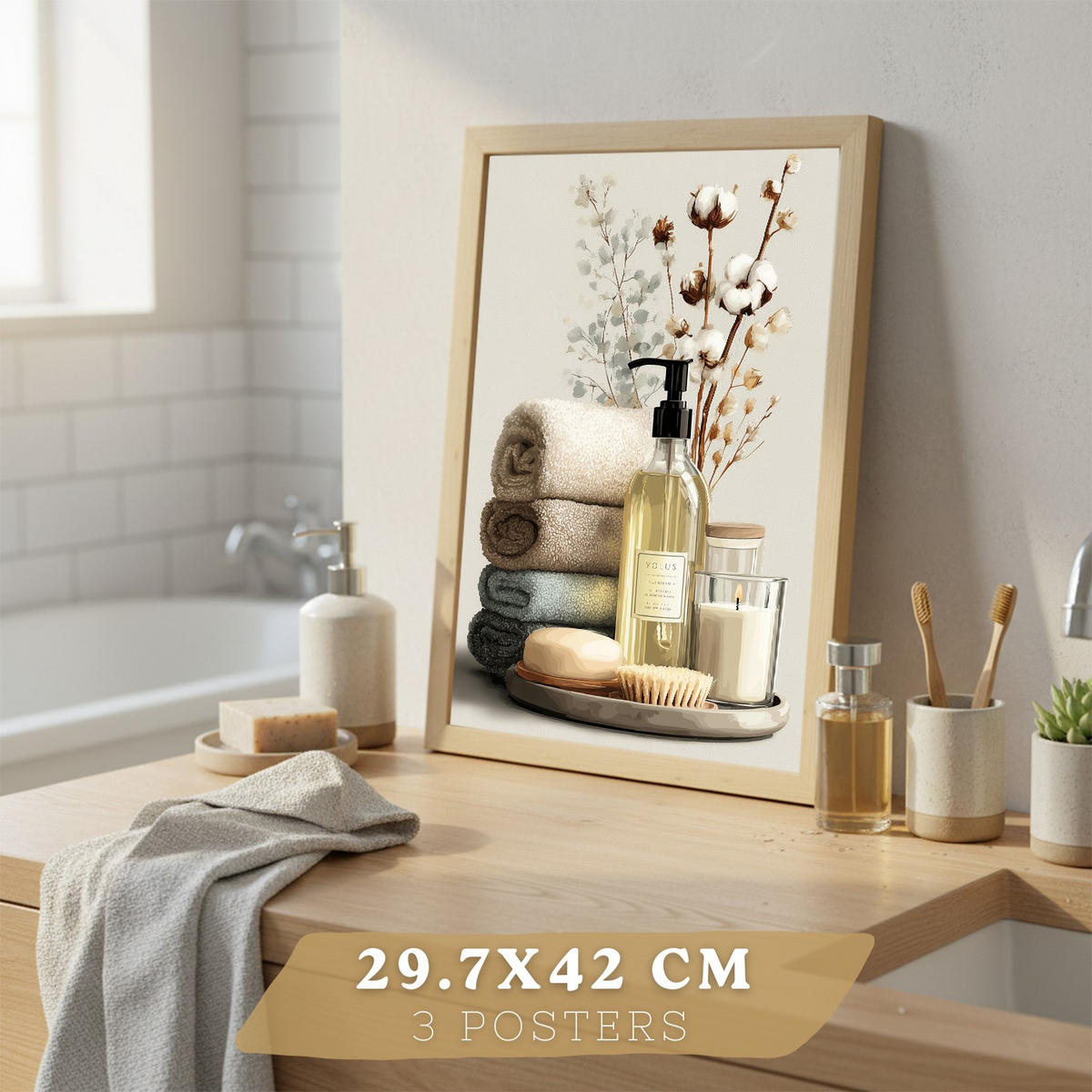 POSTER 3er-Set dekorative Badezimmer-Wandbilder und für Waschbecken, Dusche, WC mit Flaschen, Badesalz und Handtüchern, Leichter Holzrahmen A3 - Beige, Papier (42/29.7/3cm) - Nacnic