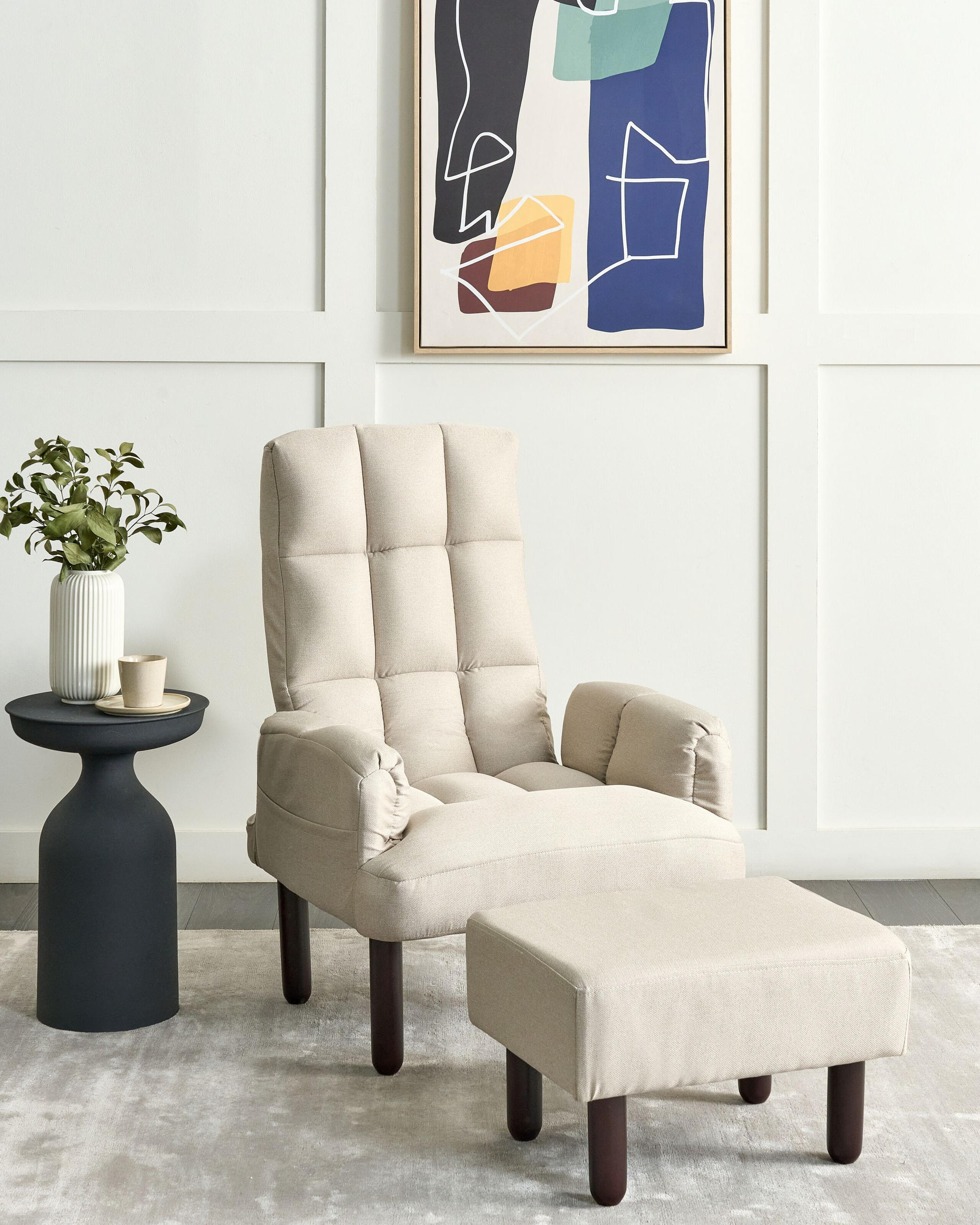 SESSEL Leinen hellbeige manuell verstellbar mit Hocker Oland - Beige/Braun, Textil (65/94/62cm) - Beliani