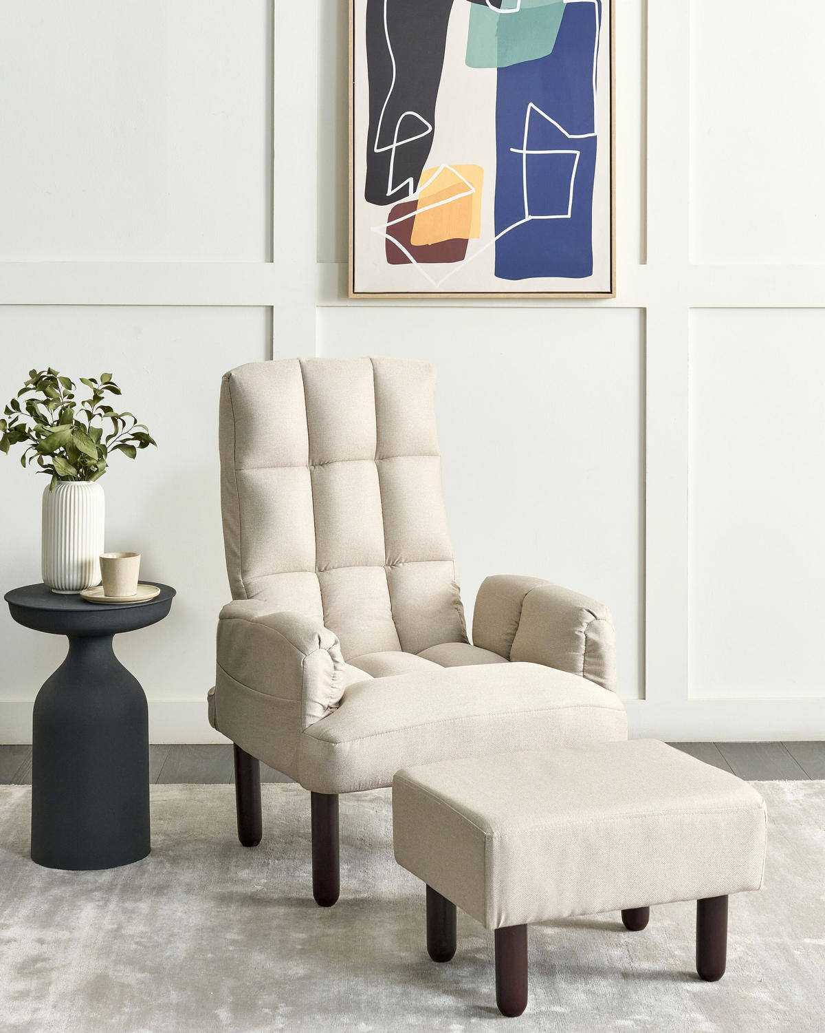 SESSEL Leinen hellbeige manuell verstellbar mit Hocker Oland - Beige/Braun, Textil (65/94/62cm) - Beliani