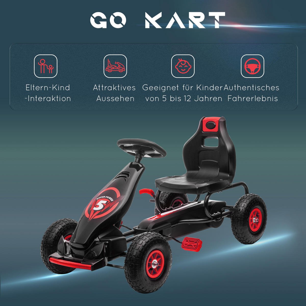 GOKART, Kinderfahrzeug mit verstellbarem Schalensitz, Tretauto, Rot+Schwarz - Rot, Metall (121/58/61cm) - HOMCOM